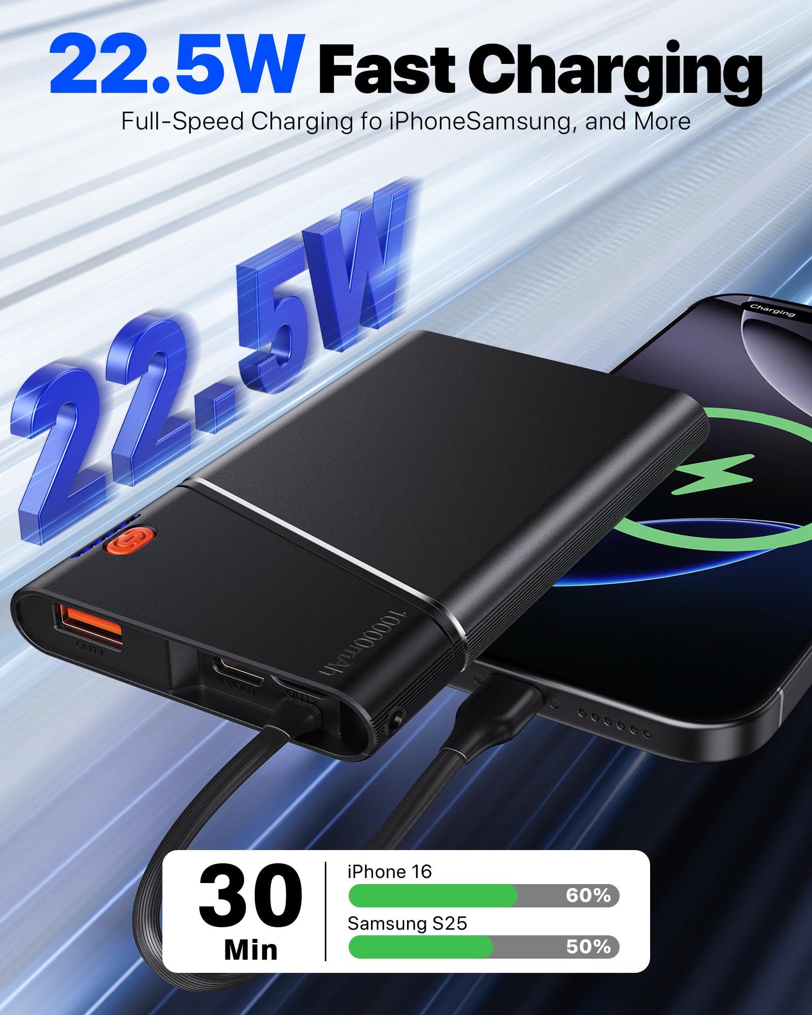 Aaoyun Portable Charger Power Bank, 10000mAh 22.5W PD Super Fast Charging Powerbank with Built-in USB C in&Out Cable, Slim External Phone Battery Pack for iPhone 16/15/14 iPad Samsung S24 Android etc - Image 8