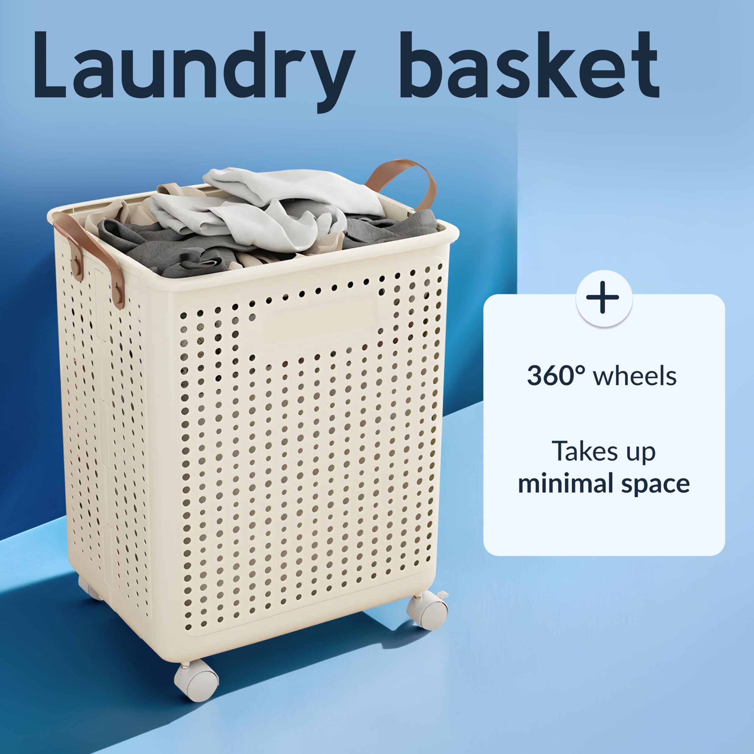Large Laundry Basket with Wheels and Handles, 17 Gal (64L) Dirty Clothes Hamper, Foldable Design from Spacious to Slim Laundry Hamper, Rolling Laundry Basket for Bathroom, Bedroom, Dorm, Beige - Image 3