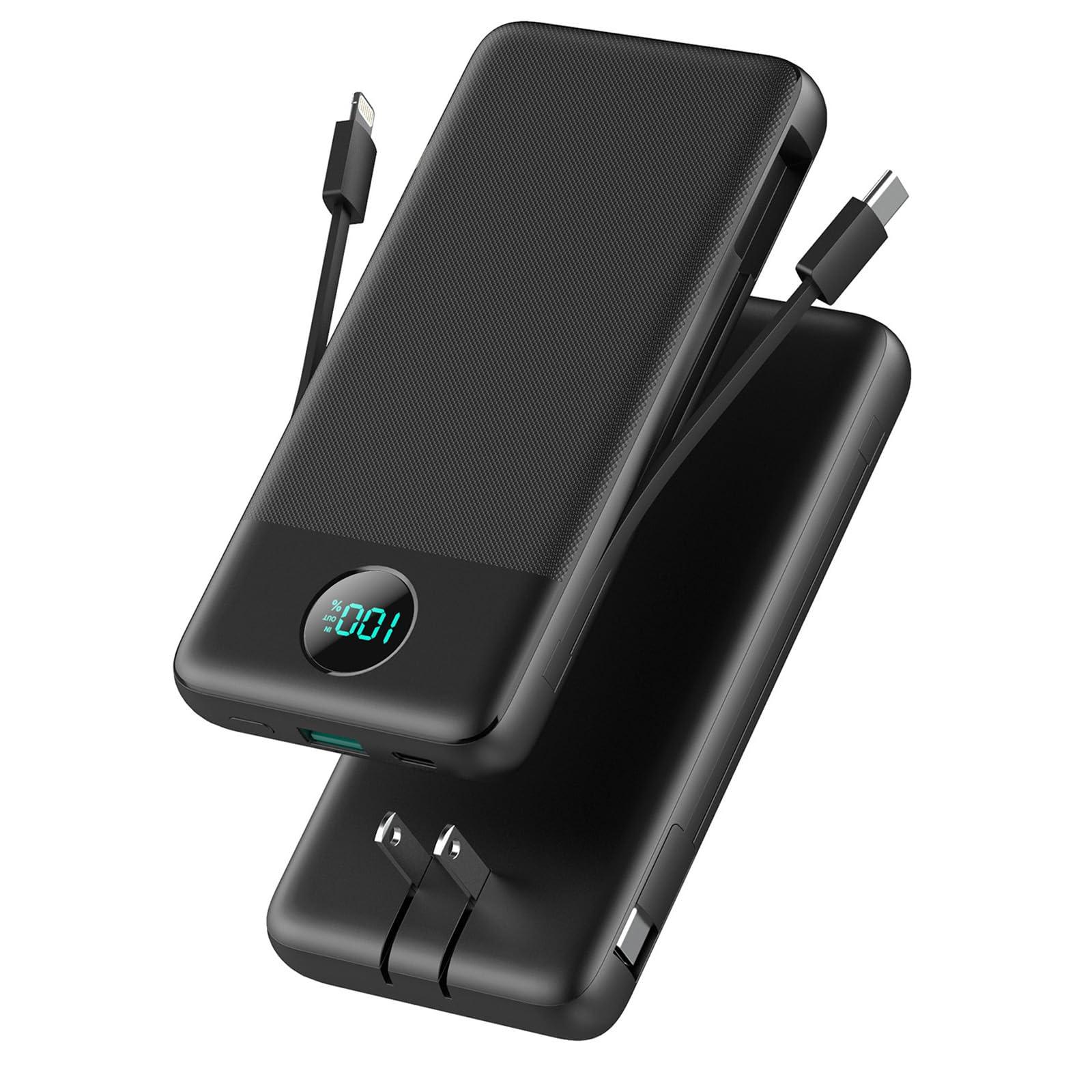 Portable Charger USB C Power Bank with 2 Built in Cables & AC Wall Plug,13800mAh Portable Battery Pack Fast Charging Compact LED Display Universal Compatible with iPhone 16/15,Galaxy S23,Tablets etc
