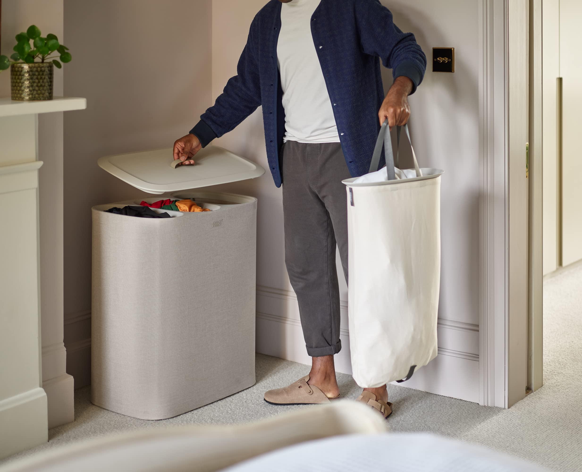 Joseph Joseph Tota Trio 90 liter/23.8 gallon Laundry Hamper Separation Basket with lid, 3 Removable Washing Bags with Handles- Ecru - Image 2