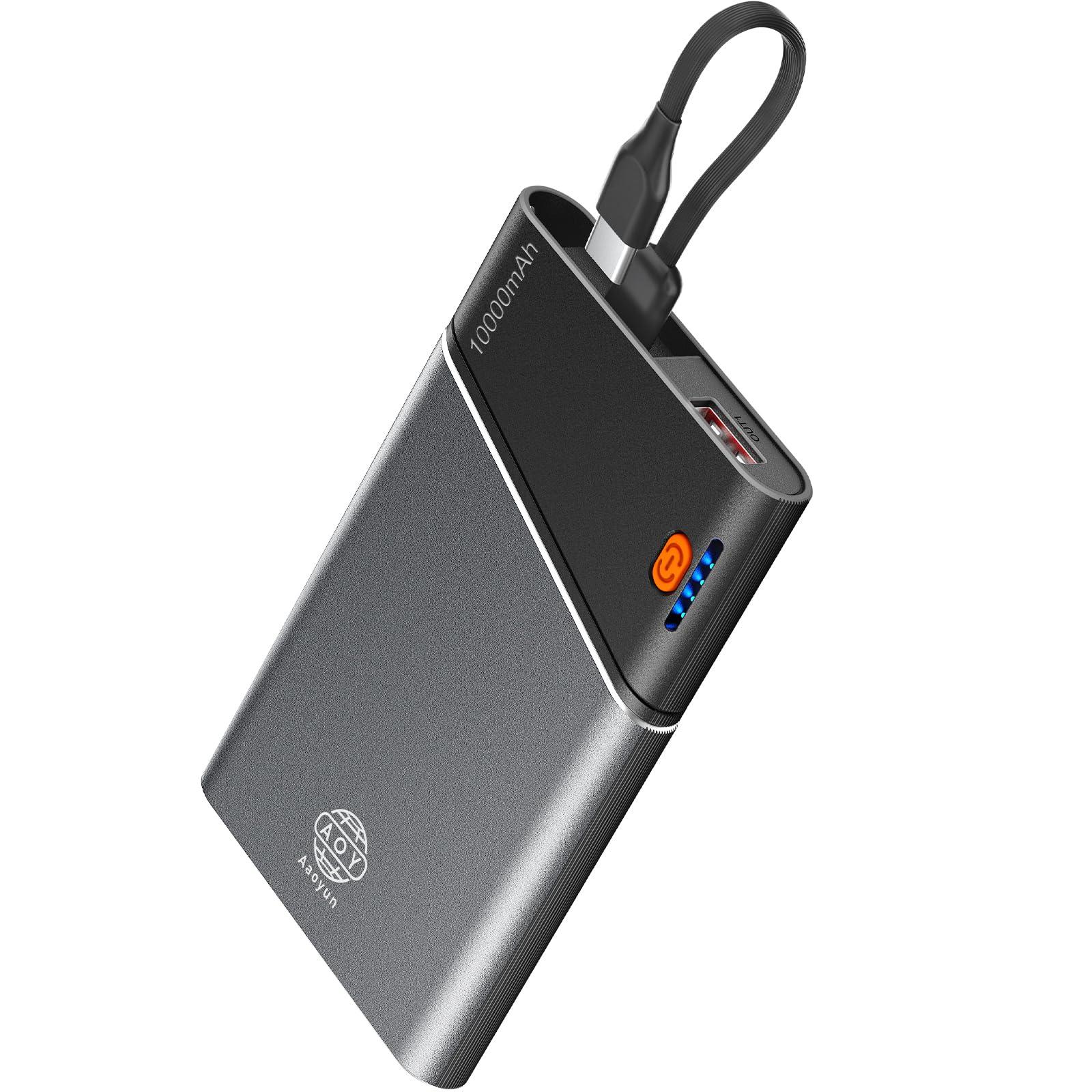 Aaoyun Portable Charger Power Bank, 10000mAh 22.5W PD Super Fast Charging Powerbank with Built-in USB C in&Out Cable, Slim External Phone Battery Pack for iPhone 16/15/14 iPad Samsung S24 Android etc