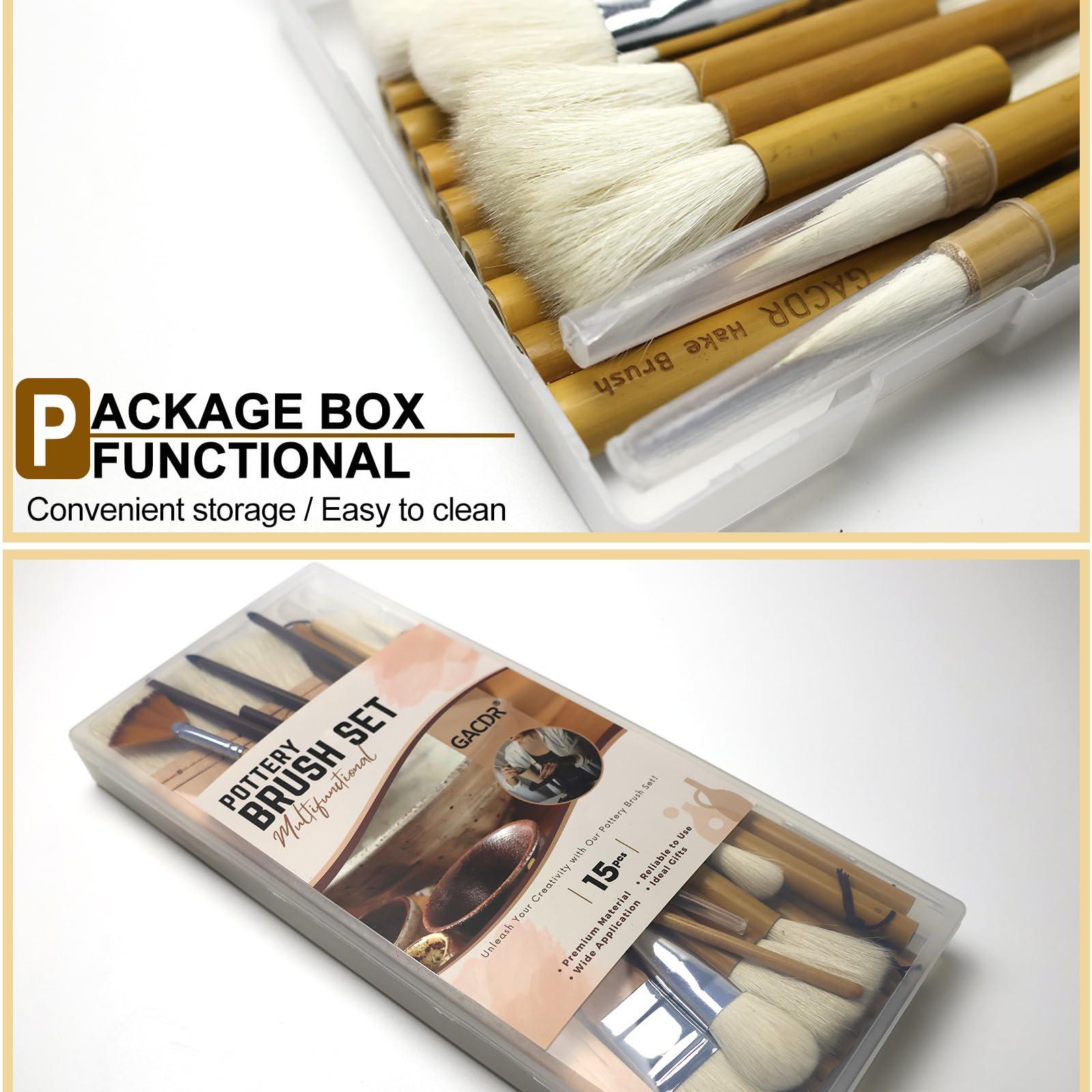 GACDR Pottery Brushes for Glazing,15 Pcs Ceramic Brushes Set with Storage Box Wool Bamboon Hake Brushes for Pottery Acrylic Watercolor - Image 4