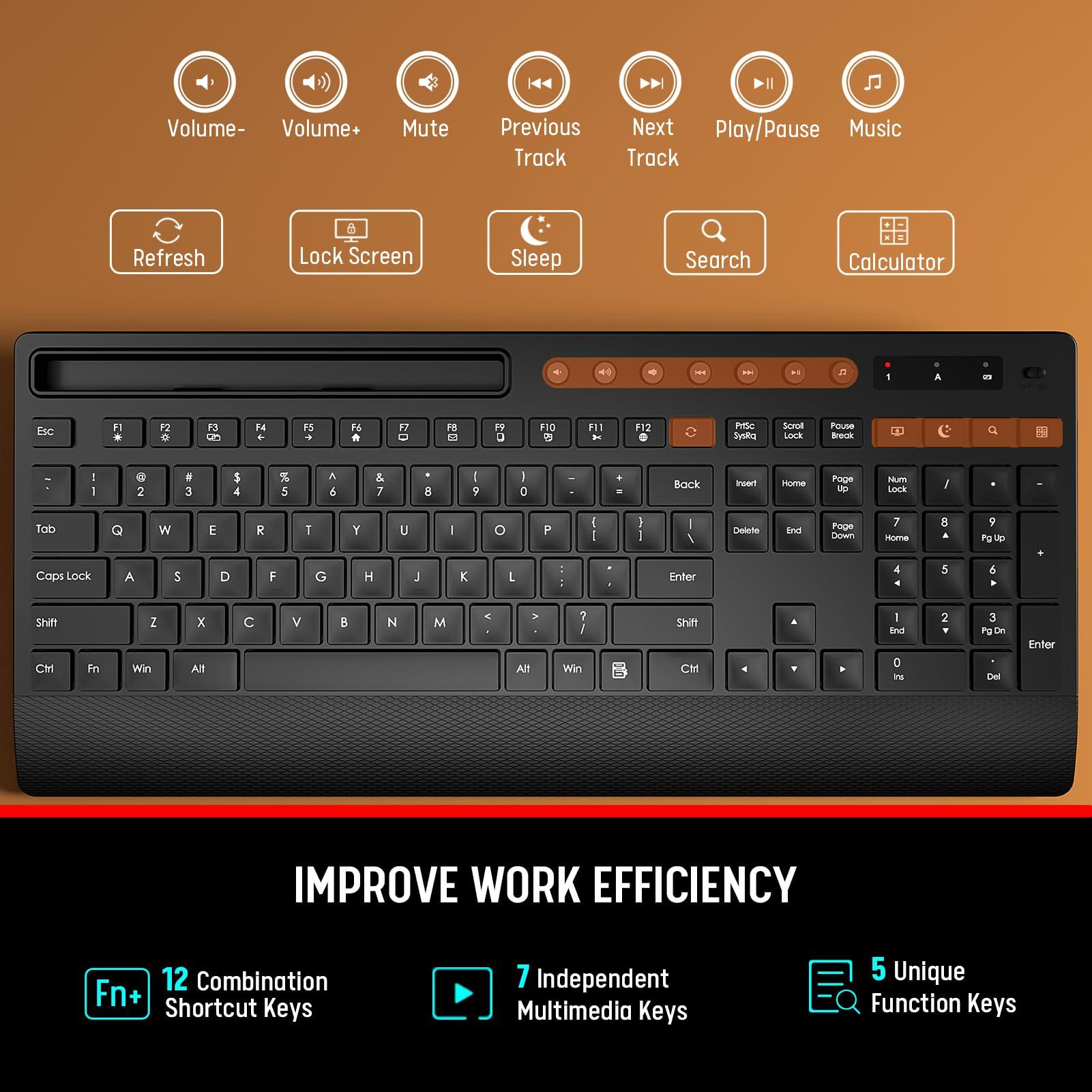Trueque Wireless Keyboard and Mouse Combo - Full-Size Quiet Keyboard with Palm Rest, Phone Holder, Multimedia Keys, Power Switch, Compatible with Windows, Chrome OS, PC, Laptop (Batteries Included) - Image 6