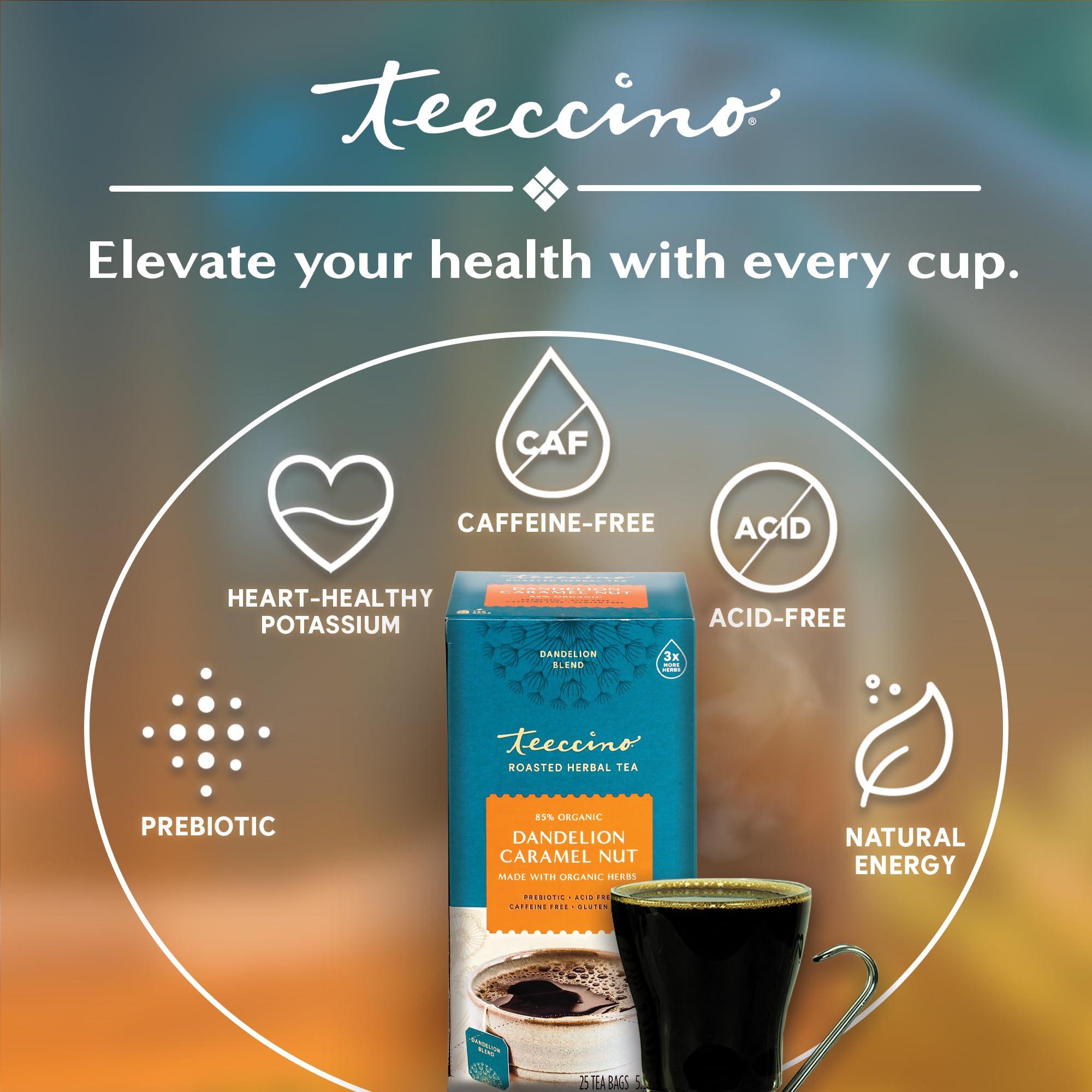 Teeccino Dandelion Caramel Nut Tea, 25 Tea Bags - Caffeine Free, Roasted Herbal Tea with Prebiotics, 3x More Herbs than Regular Tea Bags, Gluten Free, Great Hot or Iced, Herbal Tea - Image 4