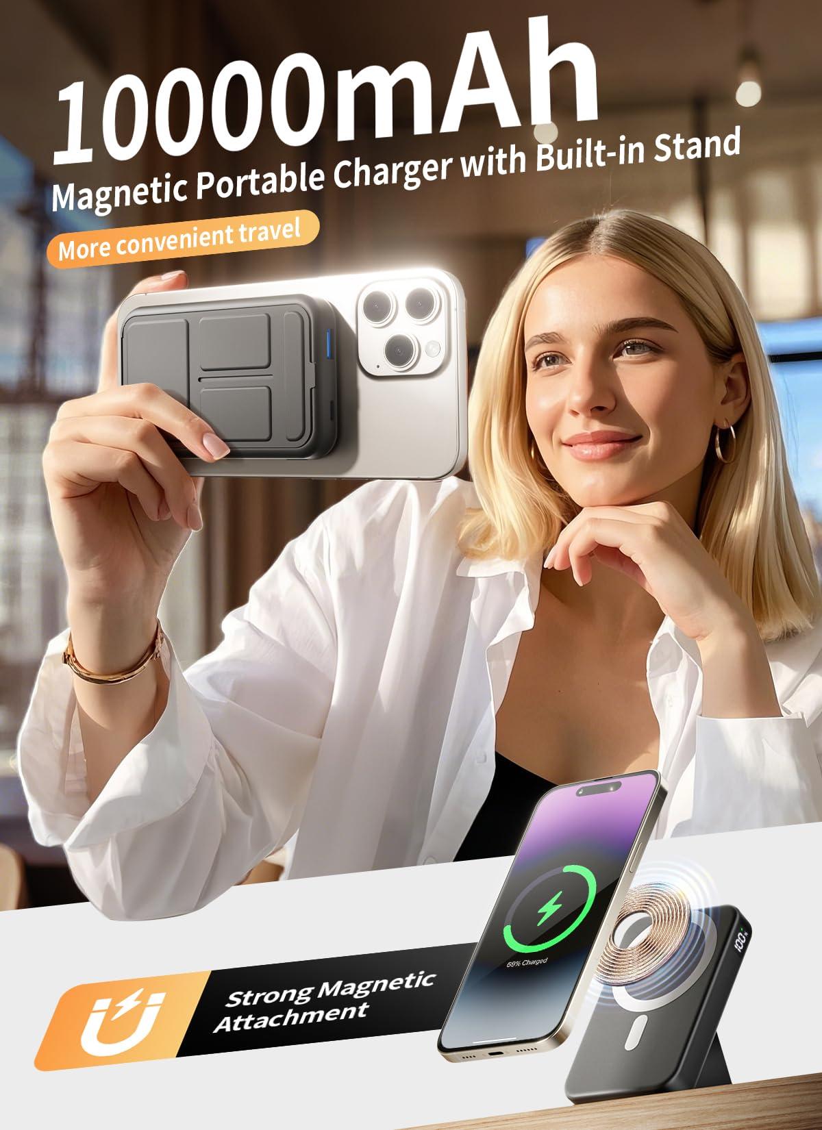 Gxorul Magnetic Portable Charger, 10000mAh Wireless Power Bank with 20W USB-C Fast Charging, Foldable Stand & LED Display Magnetic Battery Pack, Compatible with iPhone 16/15/14/13/12 All Series - Image 2