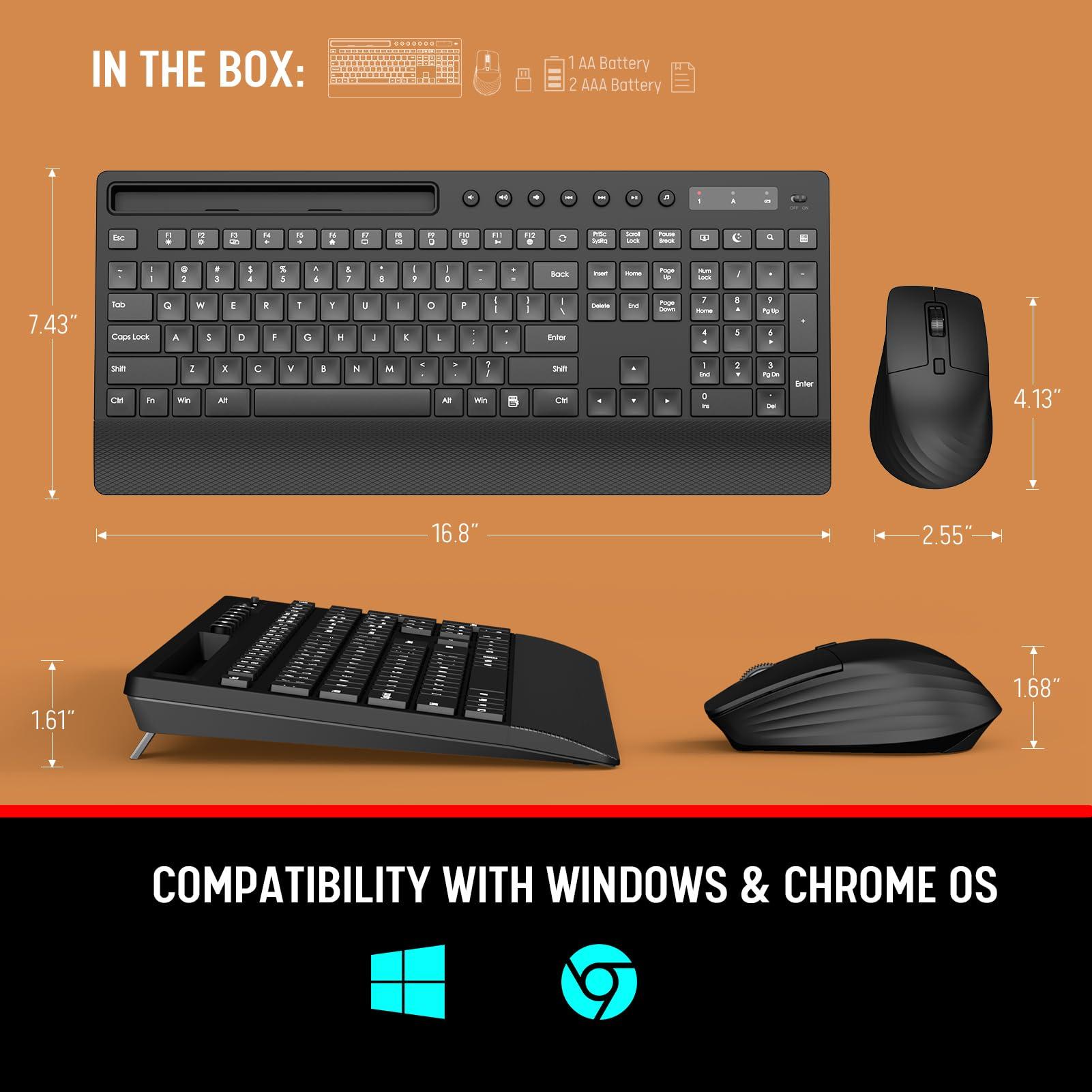 Trueque Wireless Keyboard and Mouse Combo - Full-Size Quiet Keyboard with Palm Rest, Phone Holder, Multimedia Keys, Power Switch, Compatible with Windows, Chrome OS, PC, Laptop (Batteries Included) - Image 9