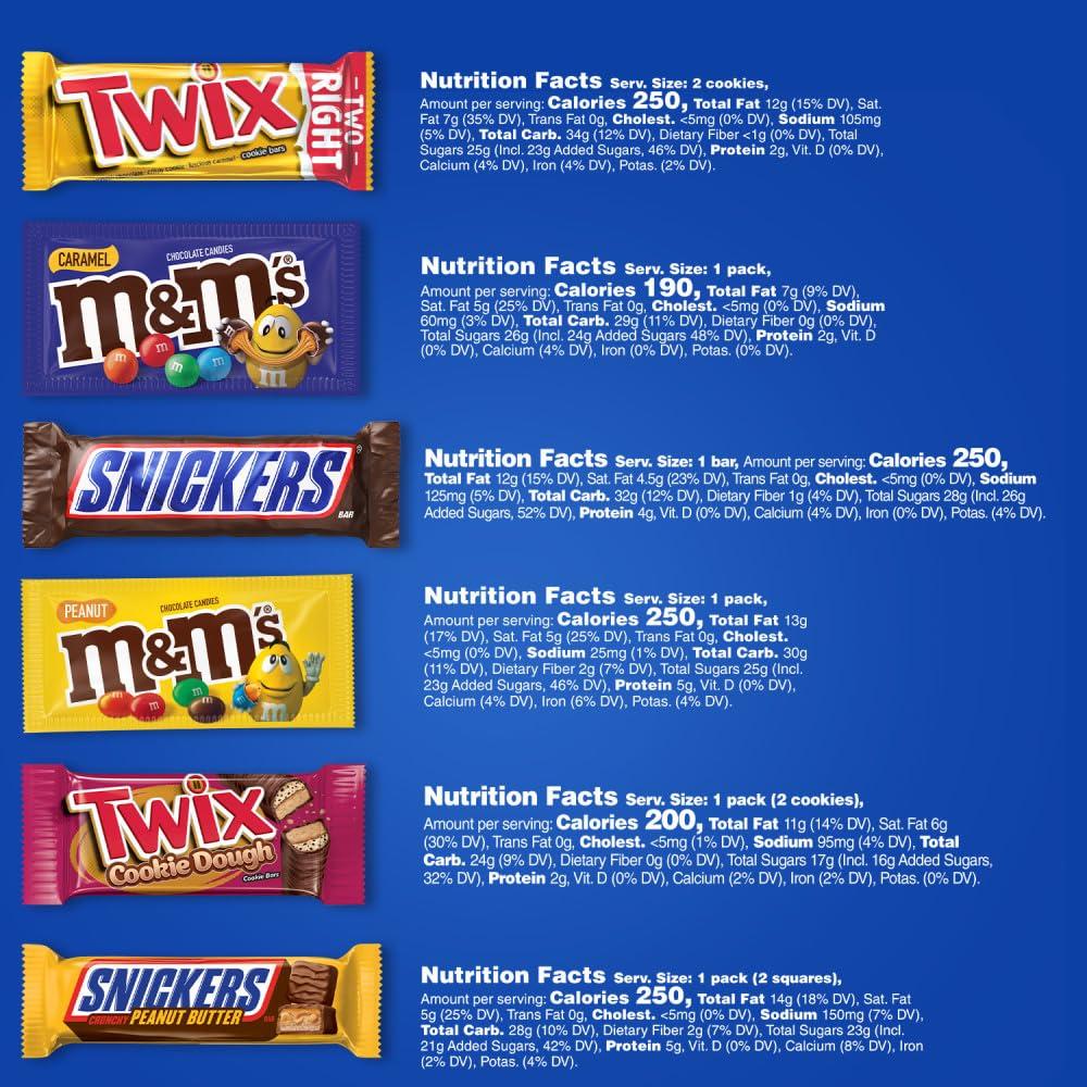 Mars M&M'S Peanut, M&M'S Caramel, SNICKERS Original, SNICKERS Peanut Butter Squared, TWIX Original and TWIX Cookie Dough Variety Pack Full Size Individually Wrapped Milk Chocolate Candy Bars, 18 Ct - Image 8