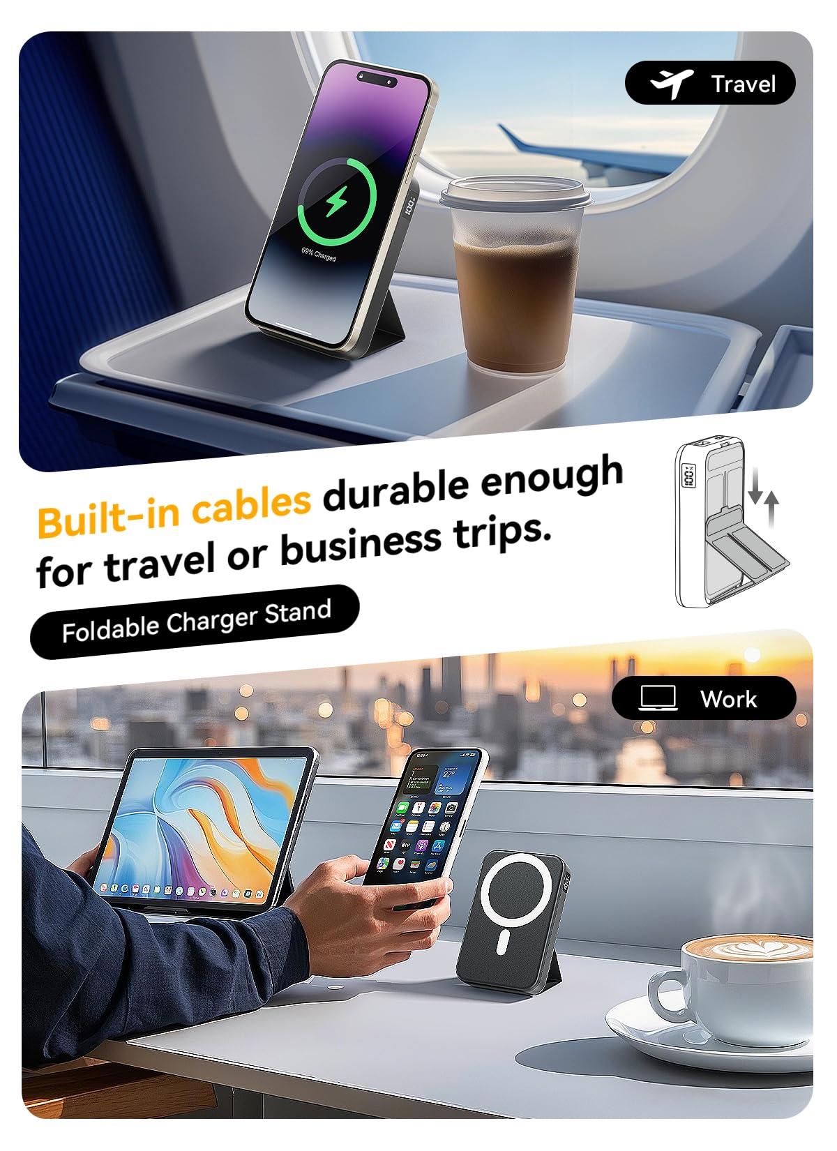 Gxorul Magnetic Portable Charger, 10000mAh Wireless Power Bank with 20W USB-C Fast Charging, Foldable Stand & LED Display Magnetic Battery Pack, Compatible with iPhone 16/15/14/13/12 All Series - Image 7