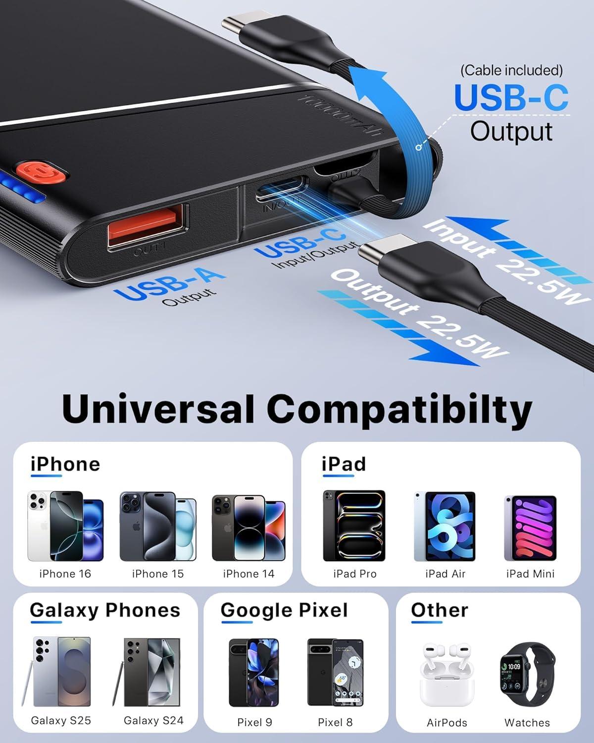 Aaoyun Portable Charger Power Bank, 10000mAh 22.5W PD Super Fast Charging Powerbank with Built-in USB C in&Out Cable, Slim External Phone Battery Pack for iPhone 16/15/14 iPad Samsung S24 Android etc - Image 6