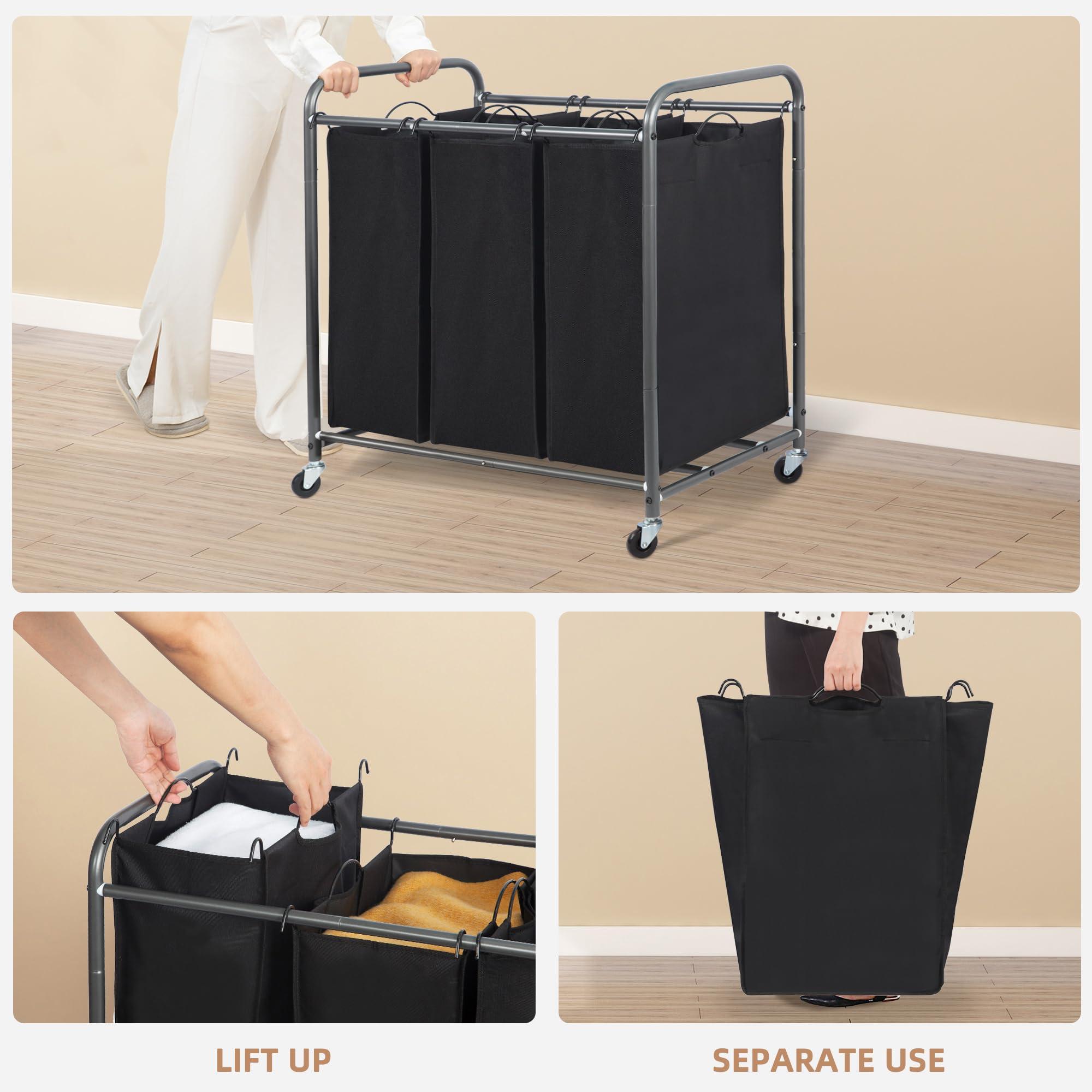 STORAGE MANIAC 3 Section Laundry Sorter, 35.9 Gal (136 L) Laundry Hamper Cart with Heavy Duty Rolling Lockable Wheels and Removable Bags, Clothes Organizer Basket Clothes Separator Hamper, Black - Image 5