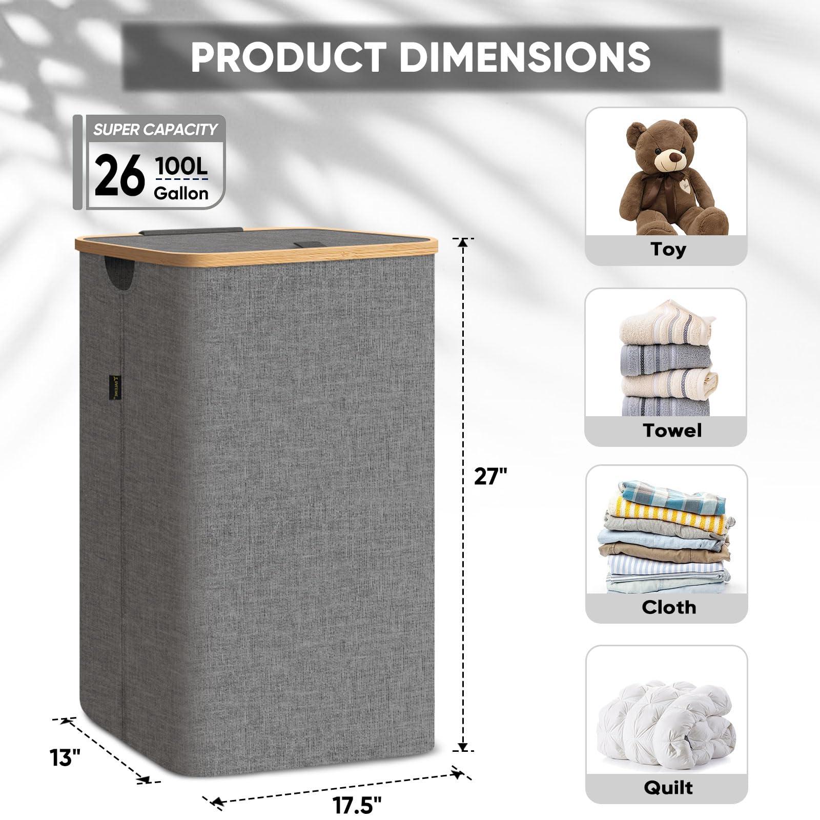 BALEINE Laundry Hamper with Lid, Tall Laundry Baskets with Bamboo Pull Handles, Large Laundry Bin with Internal Support (26 Gal/100L, Grey) - Image 2
