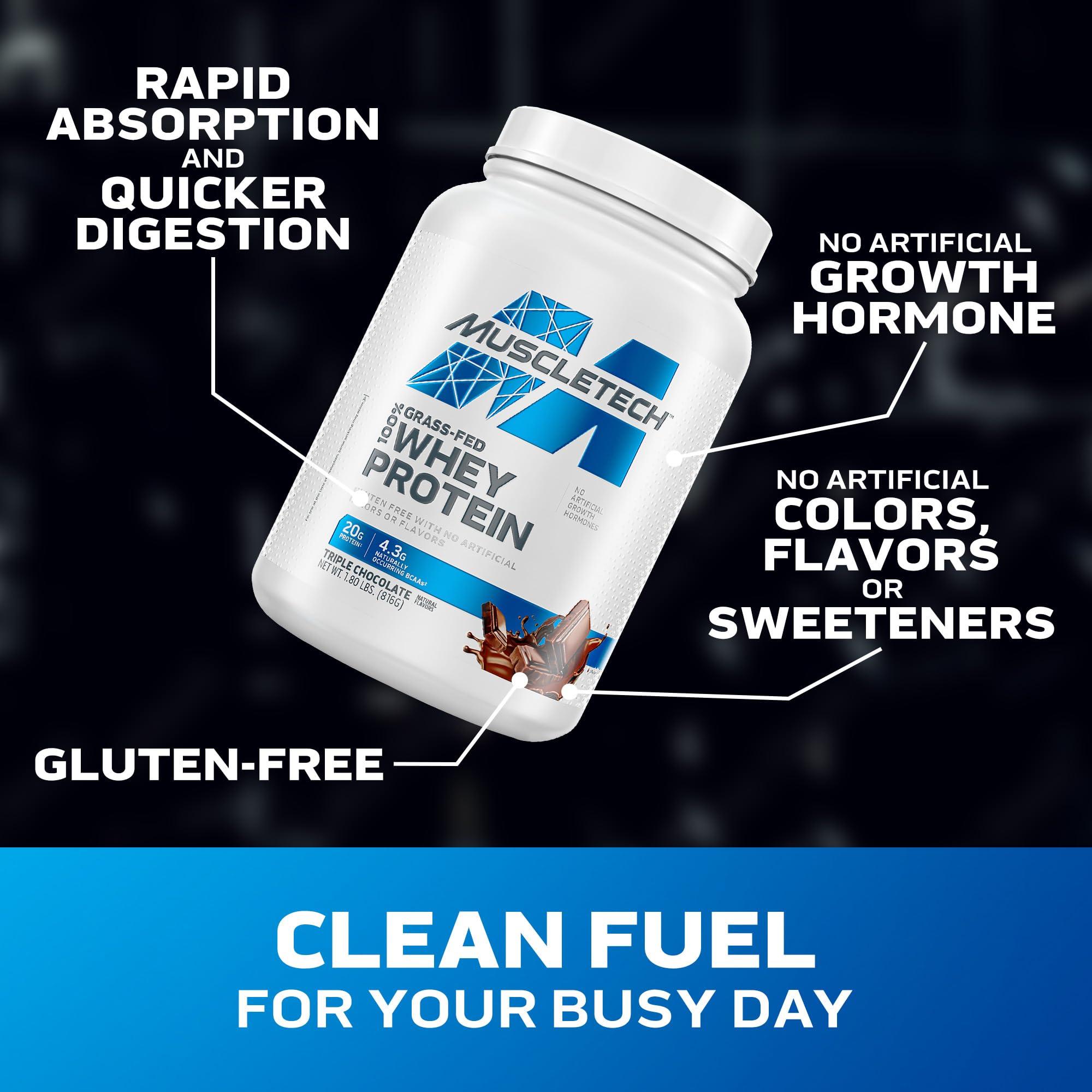 Muscletech Grass-Fed Whey Protein Powder (Triple Chocolate, 1.8LB) - Whey Protein Smoothie & Milk Shake Mix Supports Muscle Gain & Recovery - 20g of Whey Protein for Women & Men - Non-GMO, Gluten-Free - Image 2