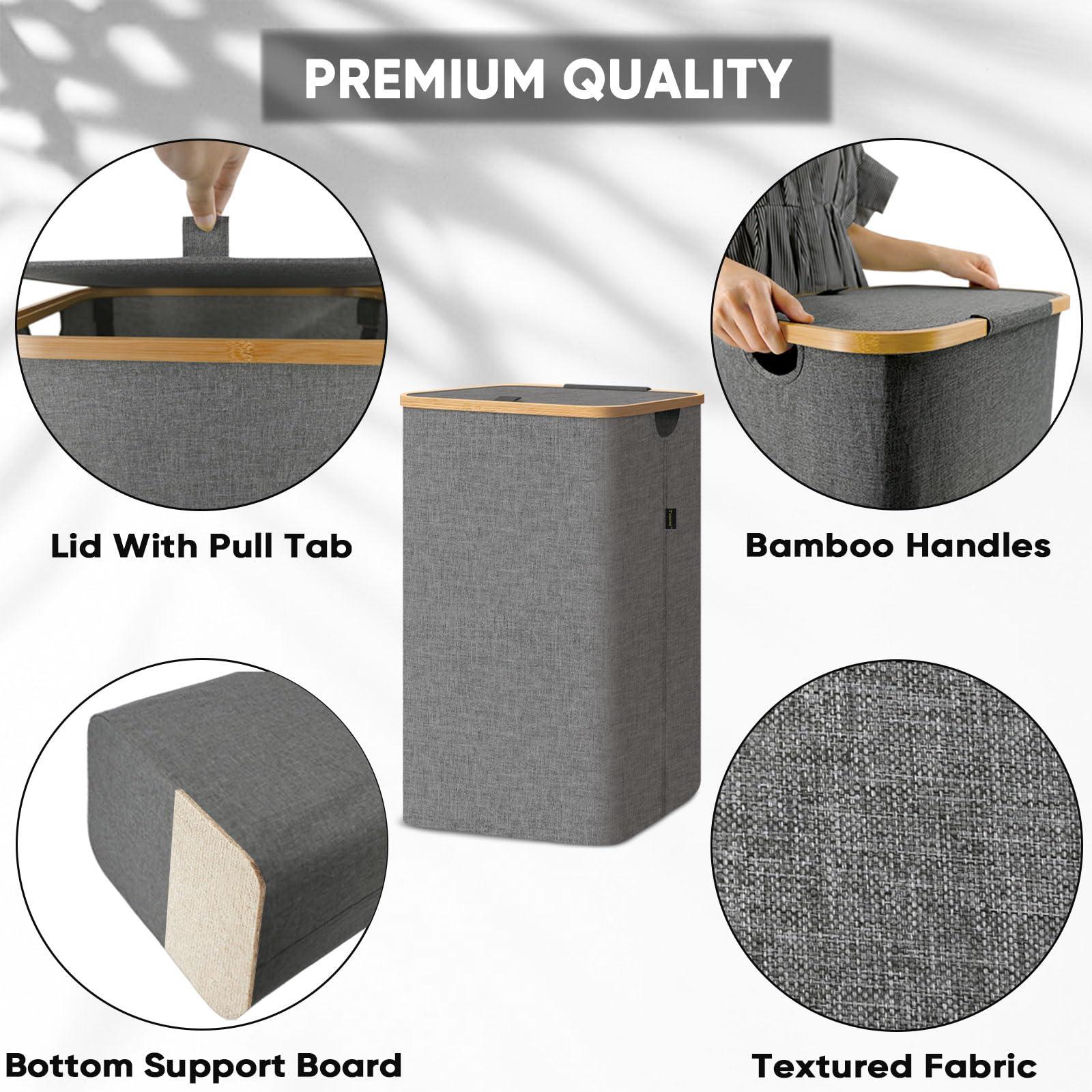 BALEINE Laundry Hamper with Lid, Tall Laundry Baskets with Bamboo Pull Handles, Large Laundry Bin with Internal Support (26 Gal/100L, Grey) - Image 3