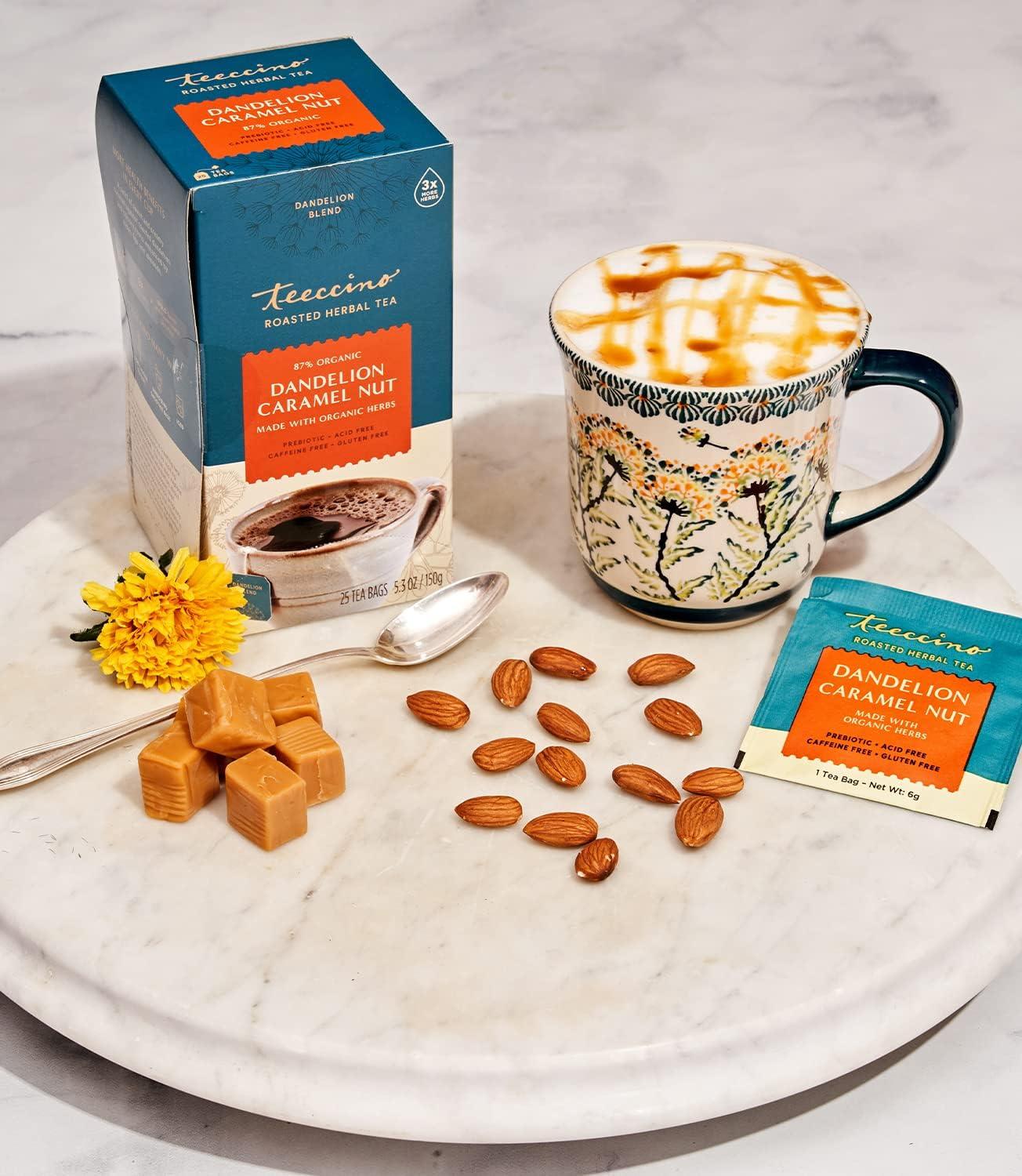 Teeccino Dandelion Caramel Nut Tea, 25 Tea Bags - Caffeine Free, Roasted Herbal Tea with Prebiotics, 3x More Herbs than Regular Tea Bags, Gluten Free, Great Hot or Iced, Herbal Tea - Image 7