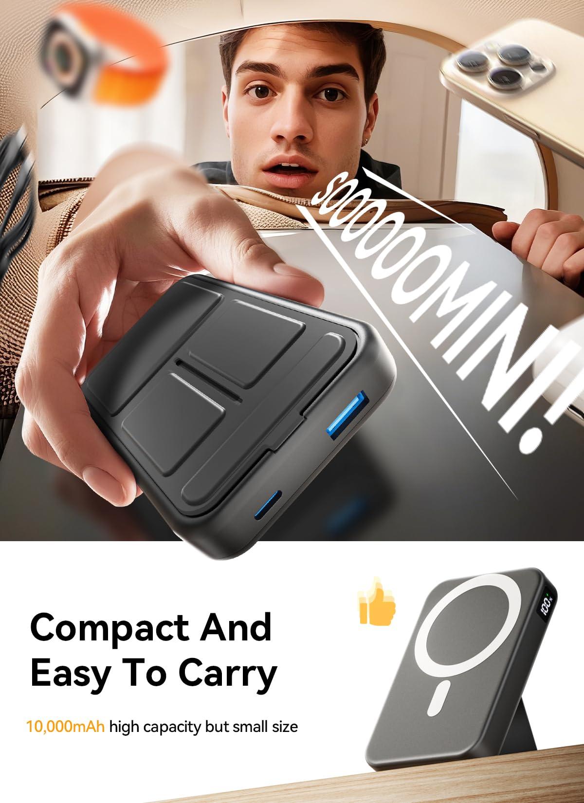 Gxorul Magnetic Portable Charger, 10000mAh Wireless Power Bank with 20W USB-C Fast Charging, Foldable Stand & LED Display Magnetic Battery Pack, Compatible with iPhone 16/15/14/13/12 All Series - Image 6