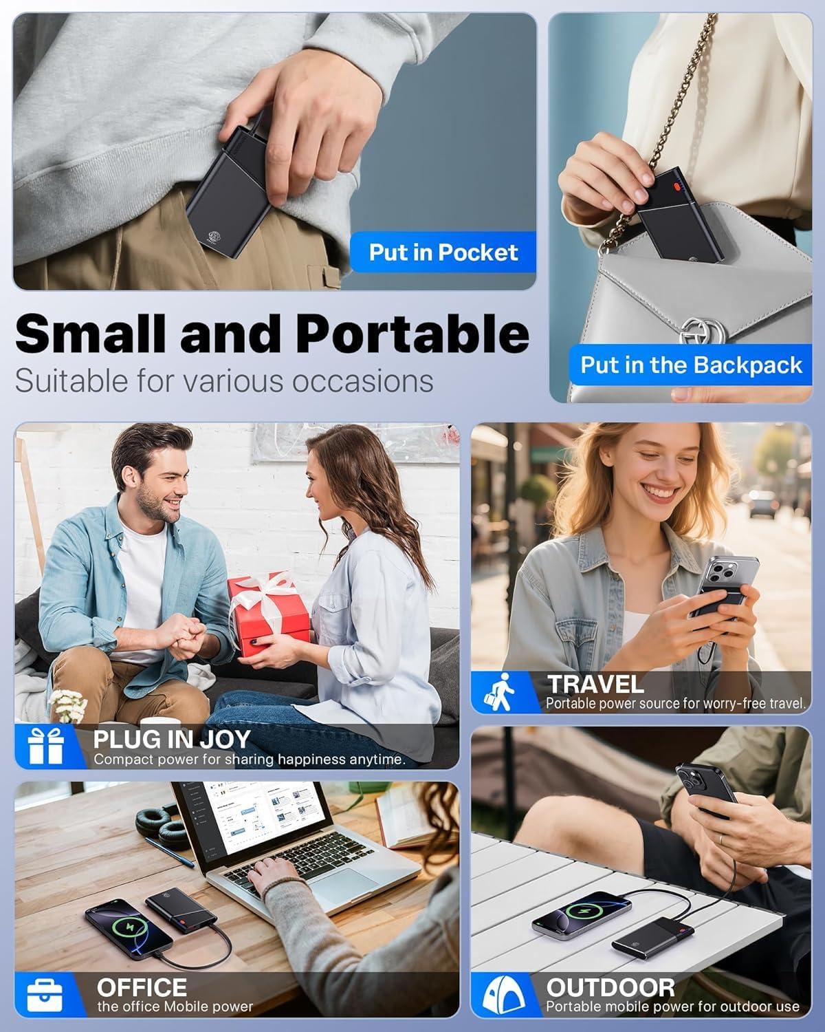 Aaoyun Portable Charger Power Bank, 10000mAh 22.5W PD Super Fast Charging Powerbank with Built-in USB C in&Out Cable, Slim External Phone Battery Pack for iPhone 16/15/14 iPad Samsung S24 Android etc - Image 8