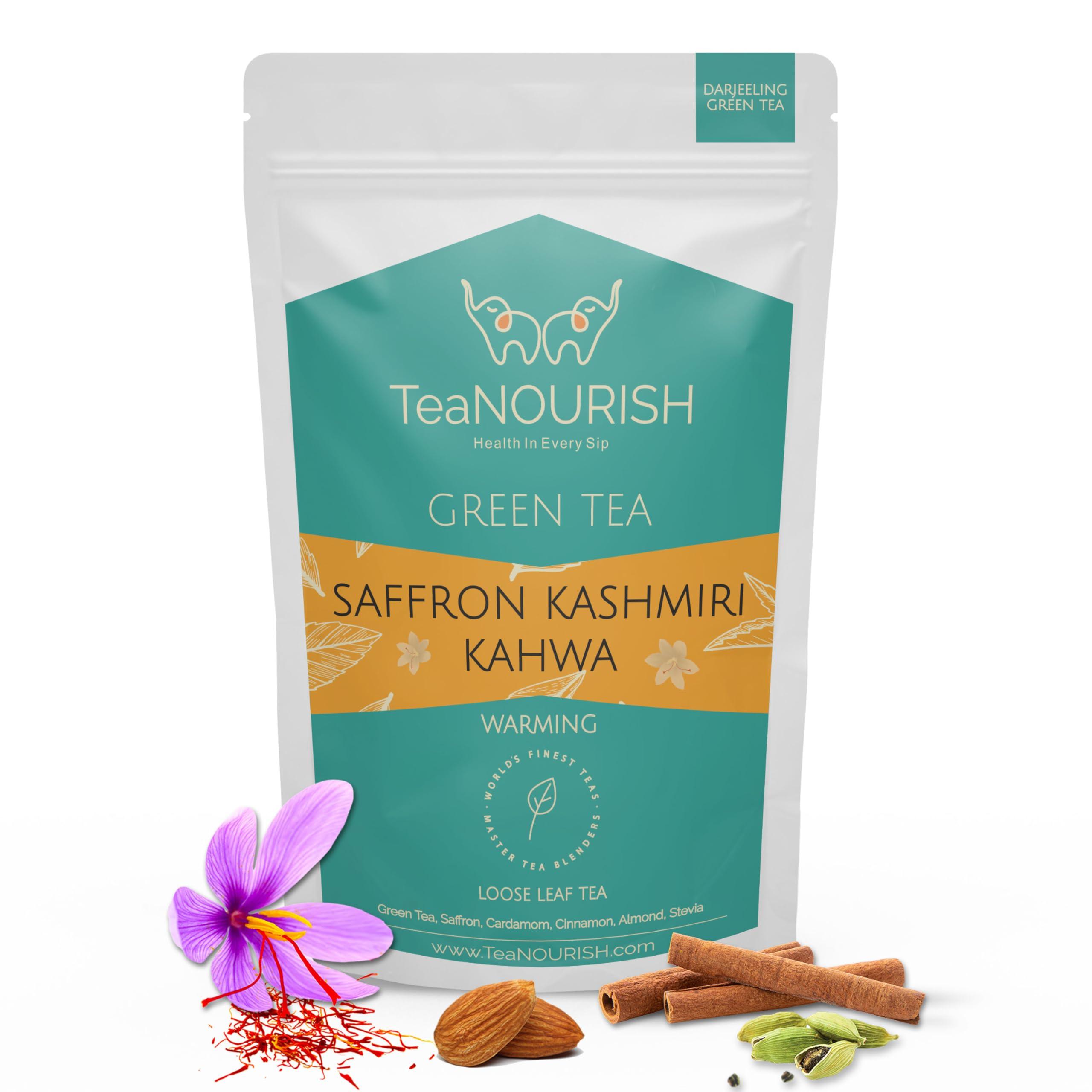 TeaNOURISH Saffron Kashmiri Kahwa | Loose Leaf Green Tea | Saffron, Cardamom, Cinnamon, Almond | Warming & Soothing | Improves Digestion, Boosts Immunity - 3.53oz/100g