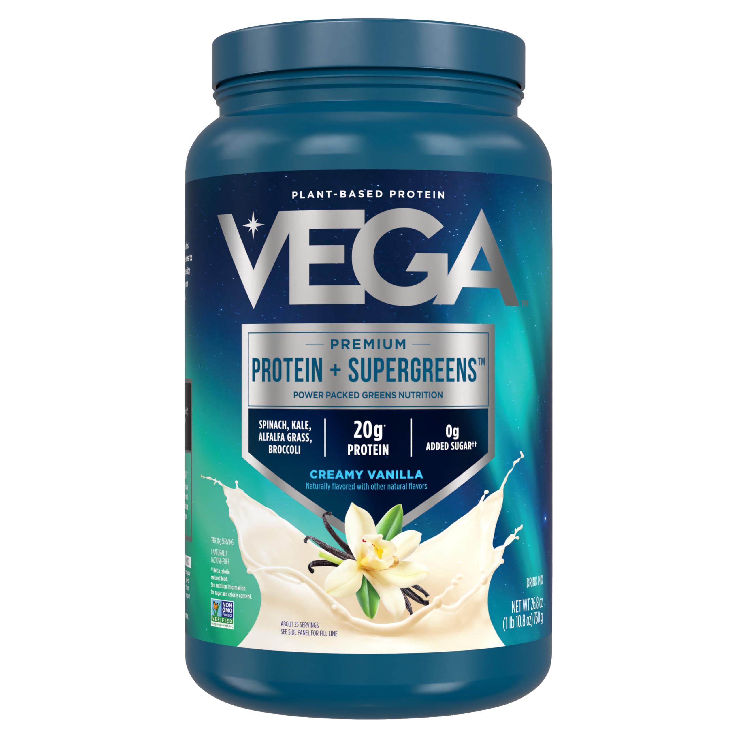 Vega Protein + Supergreens - 20g Plant-Based Protein, Vanilla, 25 Servings, Real Greens & Veggies, Vegan Keto, 0g Added Sugar, Non-GMO, Gluten Free, Dairy Free, 1.7lbs (Packaging May Vary)