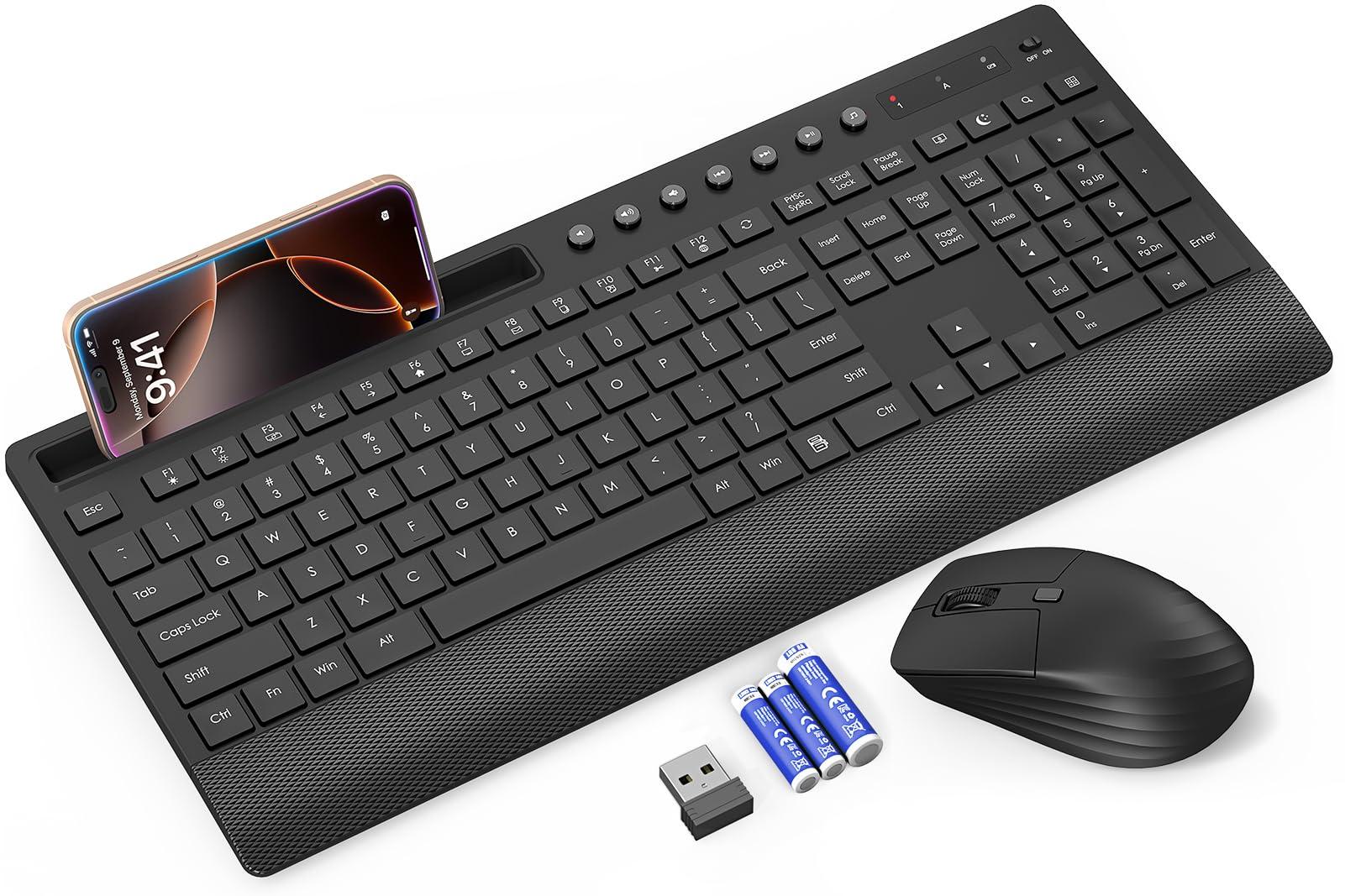 Trueque Wireless Keyboard and Mouse Combo - Full-Size Quiet Keyboard with Palm Rest, Phone Holder, Multimedia Keys, Power Switch, Compatible with Windows, Chrome OS, PC, Laptop (Batteries Included) - Image 1