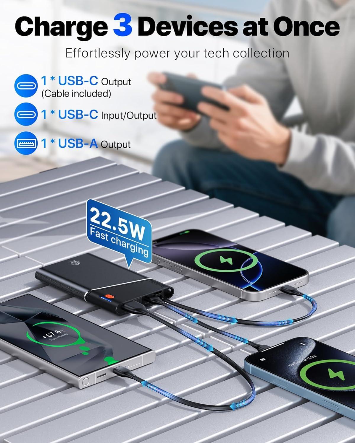 Aaoyun Portable Charger Power Bank, 10000mAh 22.5W PD Super Fast Charging Powerbank with Built-in USB C in&Out Cable, Slim External Phone Battery Pack for iPhone 16/15/14 iPad Samsung S24 Android etc - Image 3