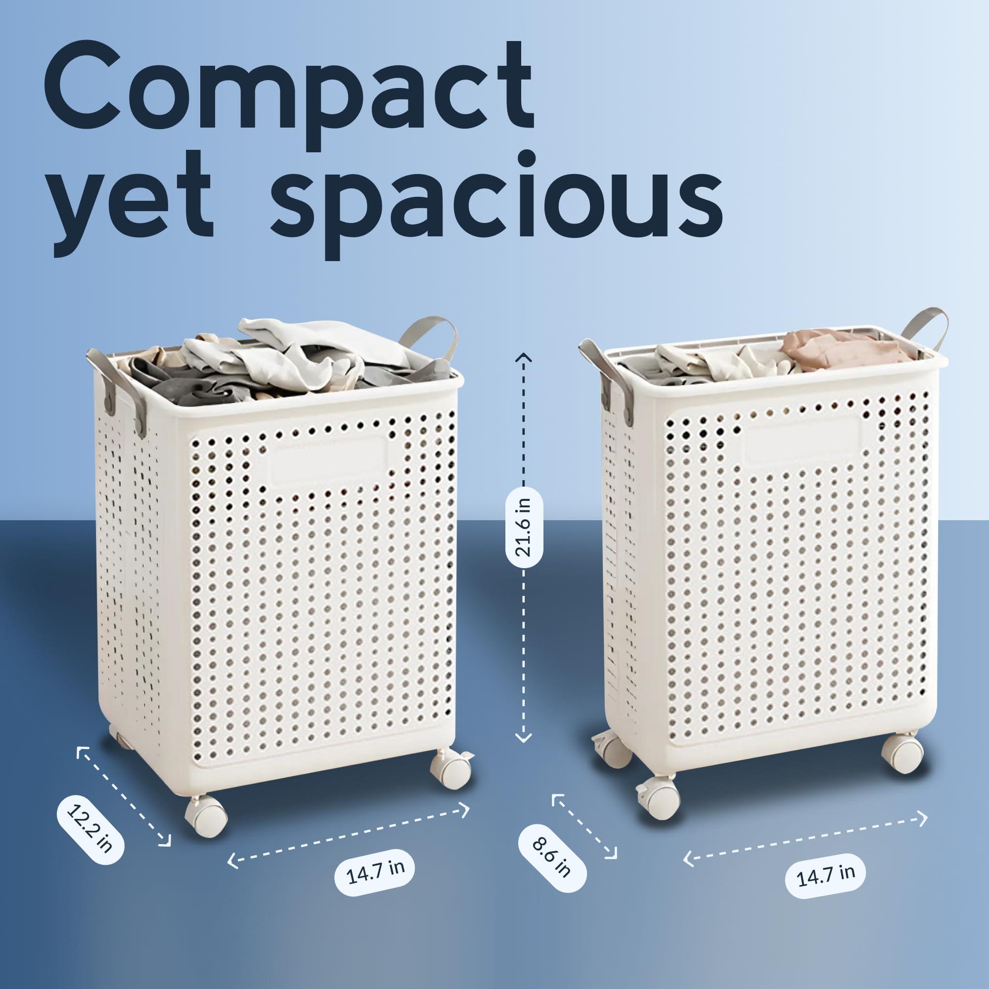 Large Laundry Basket with Wheels and Handles, 17 Gal (64L) Dirty Clothes Hamper, Foldable Design from Spacious to Slim Laundry Hamper, Rolling Laundry Basket for Bathroom, Bedroom, Dorm, Beige - Image 2