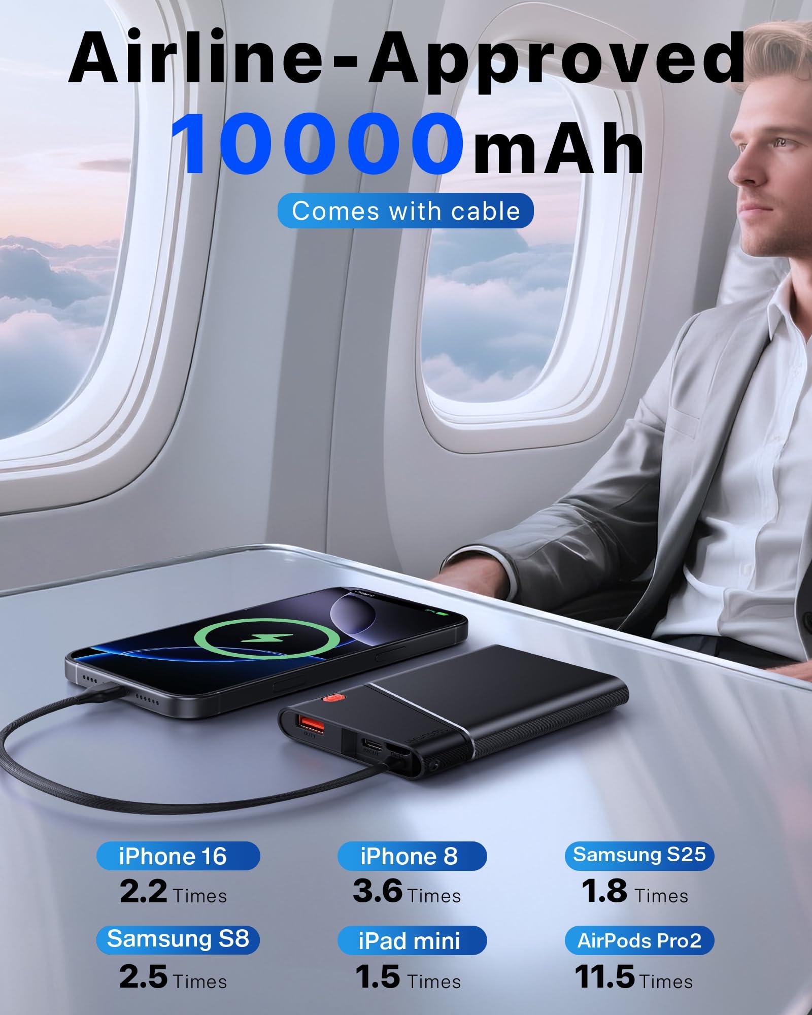 Aaoyun Portable Charger Power Bank, 10000mAh 22.5W PD Super Fast Charging Powerbank with Built-in USB C in&Out Cable, Slim External Phone Battery Pack for iPhone 16/15/14 iPad Samsung S24 Android etc - Image 5