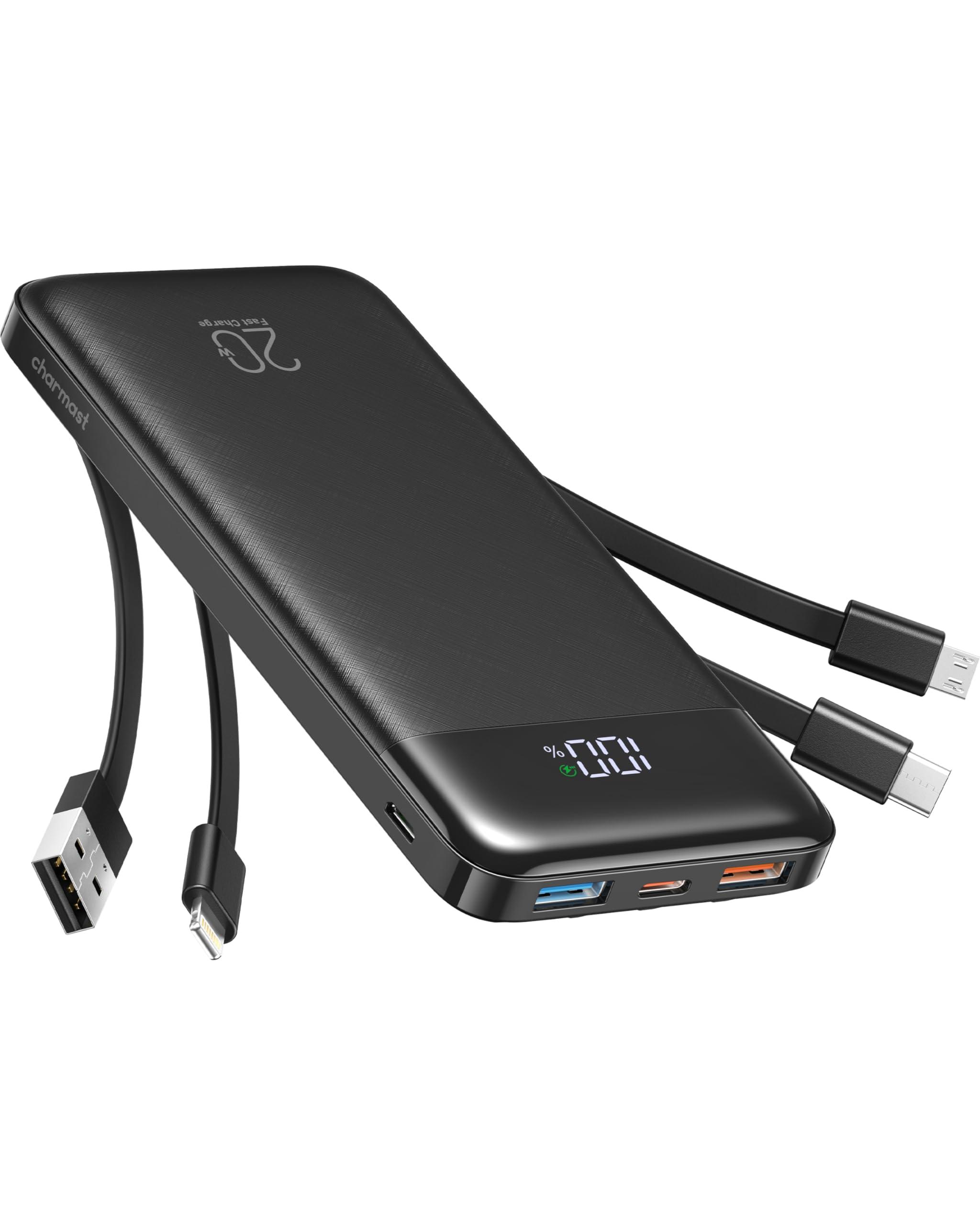 Charmast 20000mAh Portable Charger with 4 Built-in Cables & 6 Outputs, 20W Power Bank Fast Charging - USB C External Battery Pack for iPhone 16 15 14, Android, iPad, Tablet & More (Travel Essential)