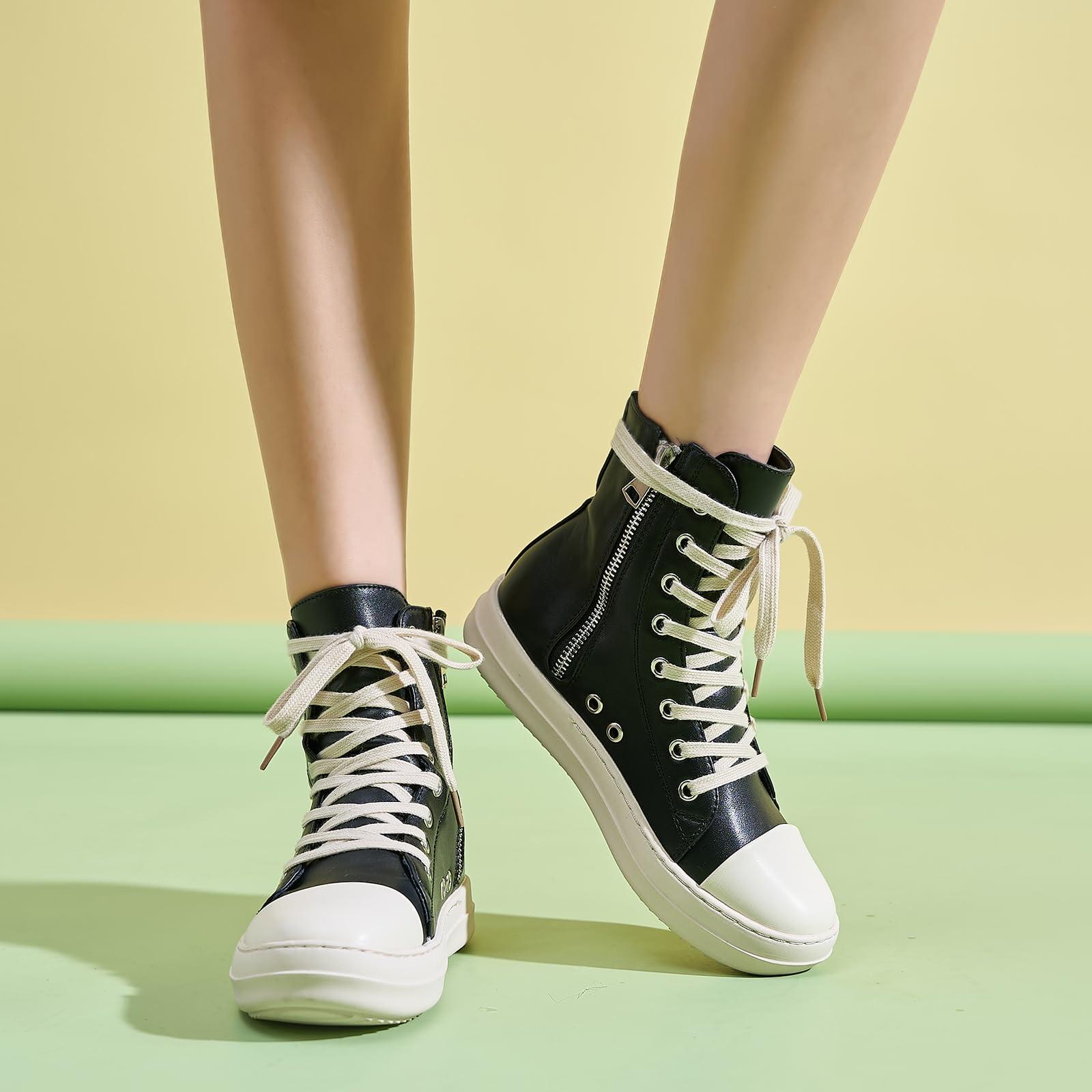 Kluolandi Women's High Top Sneakers Lace Up Canvas Shoes with Zipper Comfort Platform Walking Shoes in Black and White - Image 3