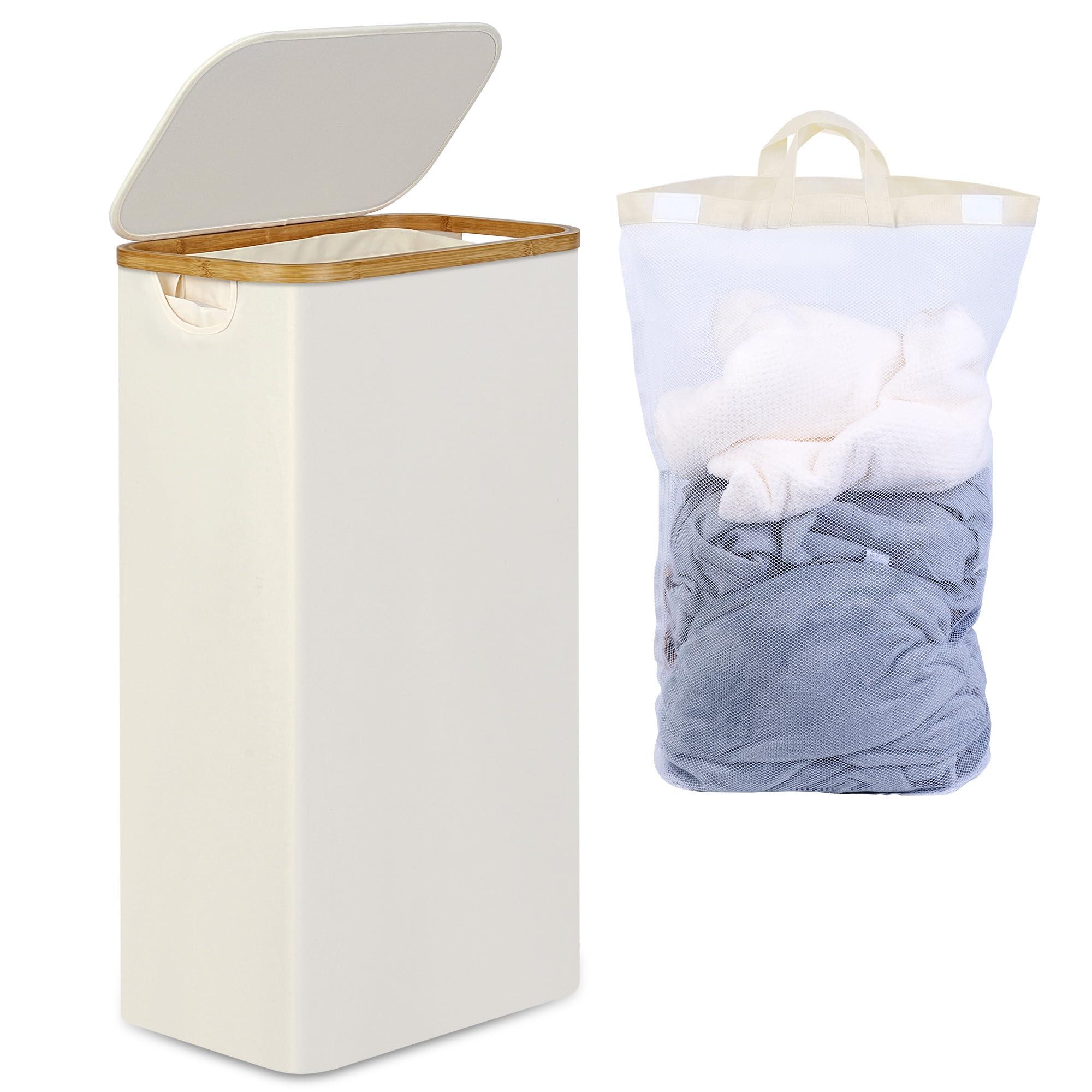 efluky Slim Laundry Basket with Lid, Narrow Laundry Hamper with Removable Bag, Skinny Dirty Clothes Basket with Bamboo Handles for Bathroom, Bedroom & Laundry Room, 75L Beige - Image 1