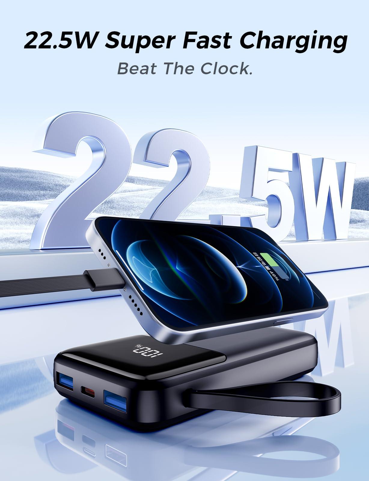 Portable Charger with Built in Cable, 15000mAh Power Bank, 22.5W Fast Charging, 6 Outputs, Slim Travel Essential Battery Pack with LED Display, Compatible with iPhone 16/15/14/13, Samsung, iPad, etc - Image 2