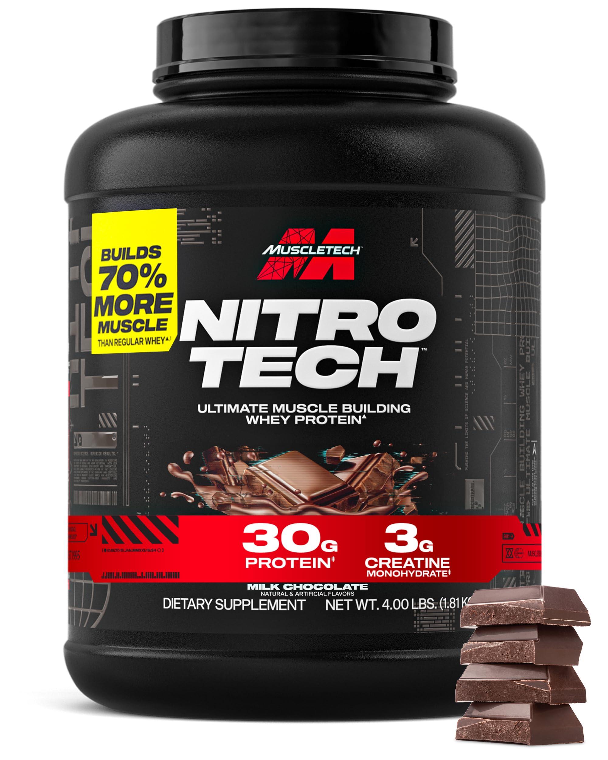 Muscletech Whey Protein Powder (Milk Chocolate, 4 Pound) - Nitro-Tech Ultimate Muscle Building Formula with Whey Protein Isolate & Peptides - 30g of Protein, 3g of Creatine & 6.8g of BCAA