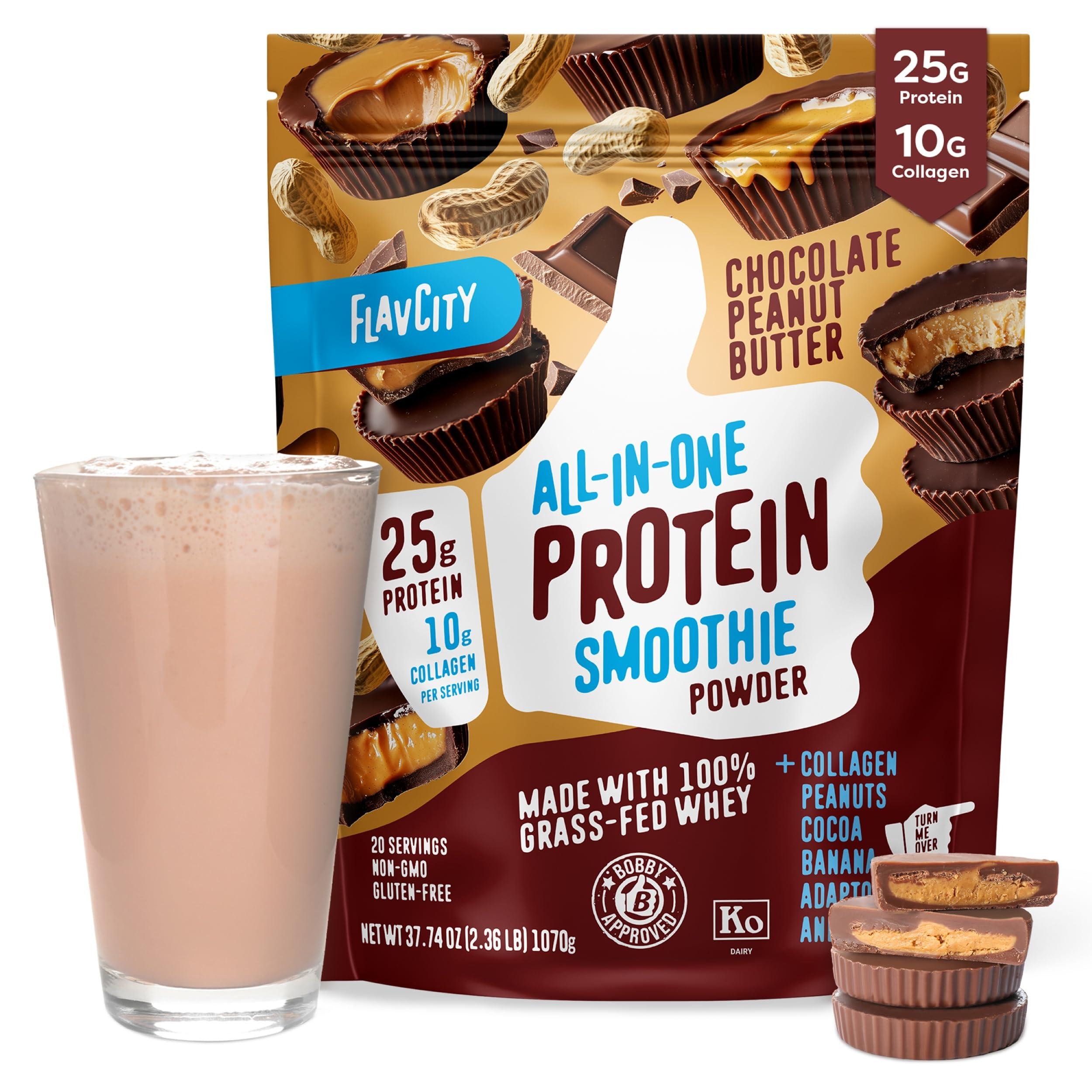 FlavCity Protein Powder Smoothie, Chocolate Peanut Butter - 100% Grass-Fed Whey Protein Smoothie with Collagen (25g of Protein) - Gluten Free & No Added Sugars (37.74 oz)
