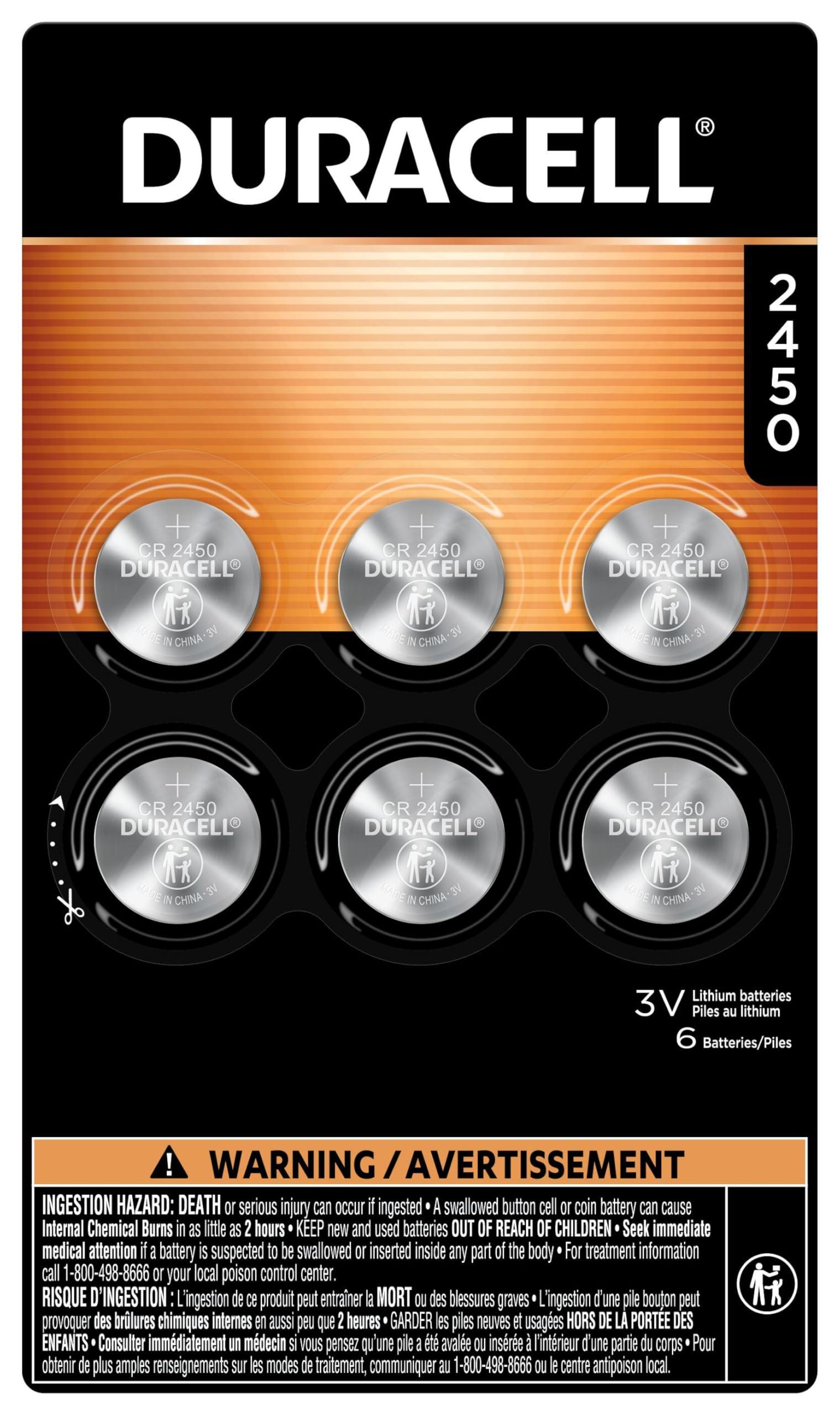 Duracell 2450 Lithium Battery, 6 Count (Pack of 1) Lithium Coin Battery for Key Fob, Car Remote, Watch Battery, and Other Devices, CR2450 Lithium 3 Volt (3V) Cell