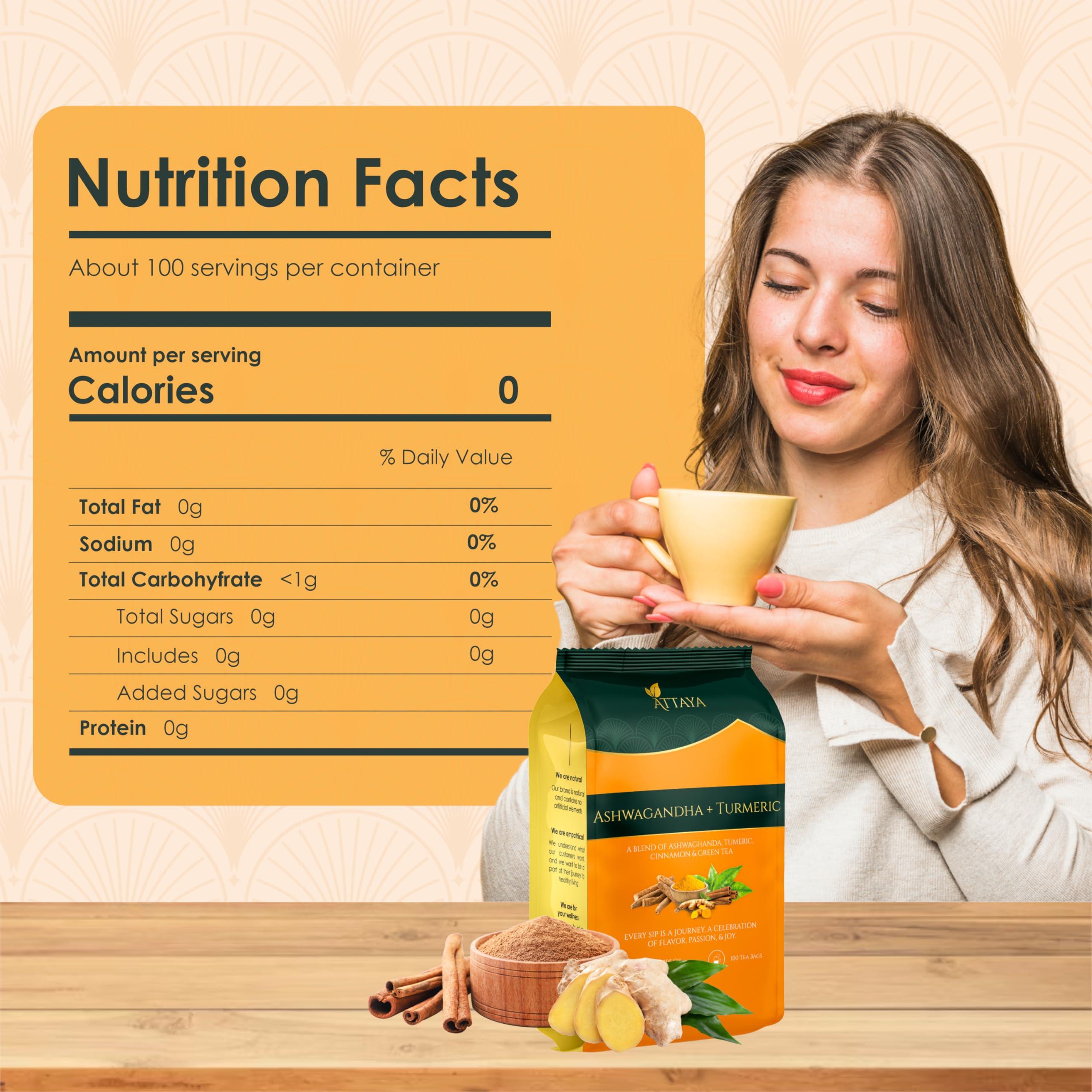 Attaya Ashwagandha Tea Bags - Ashwangandha + Turmeric Delight Tea -100 Tea Bags -100% Herbal blend of Ashwagandha, Turmeric, Cinnamon, and Green Tea, 7.05 oz (200g) - Image 2