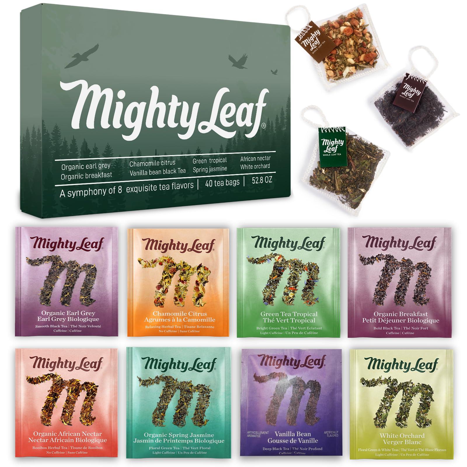 Mighty Leaf Tea Bags Spring Sampler Assortment (40 Silk Bags) Organic (8 Flavors), Tropical, Chamomile Citrus, Earl Grey, Vanilla Bean, White Orchard, Breakfast, Spring Jasmine, African Nectar, Tea Giftbox