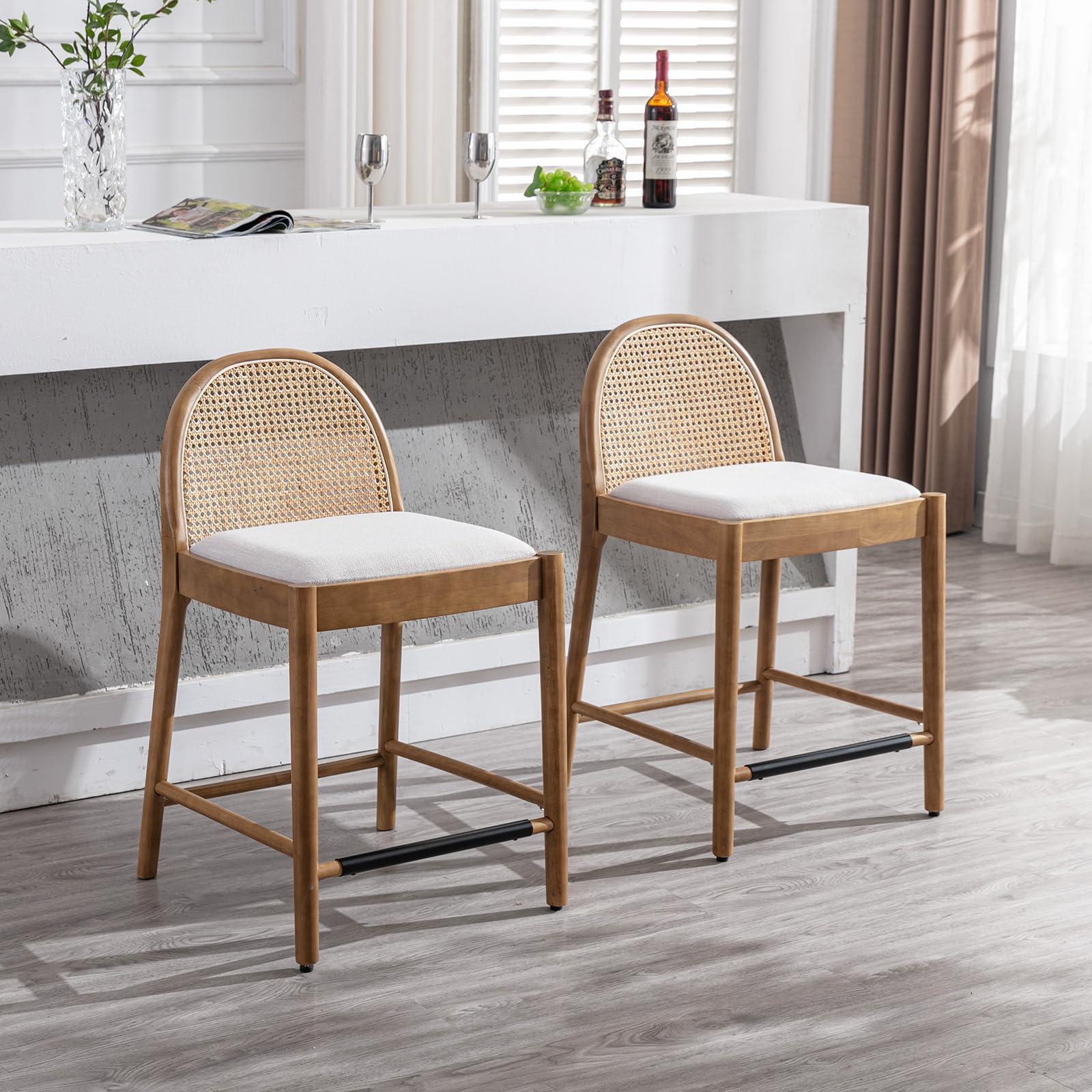DUOMAY Modern Counter Stools Set of 4, 26 Inch Seat Height Counter Height Barstools Wooden Linen Upholstered Bar Stools with Oval Rattan Backrest Armless Kitchen Island Stool Chair, Beige - Image 8
