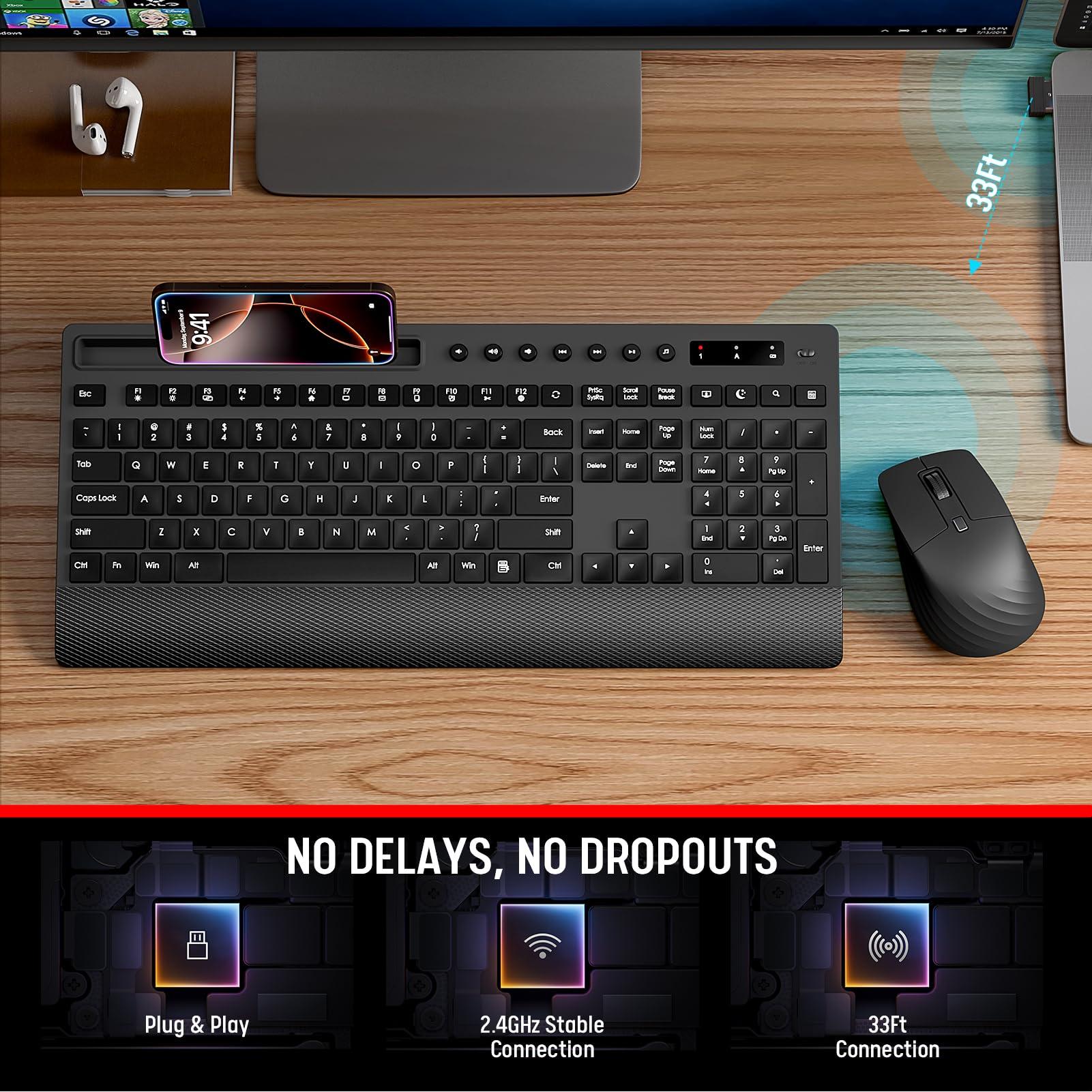 Trueque Wireless Keyboard and Mouse Combo - Full-Size Quiet Keyboard with Palm Rest, Phone Holder, Multimedia Keys, Power Switch, Compatible with Windows, Chrome OS, PC, Laptop (Batteries Included) - Image 7