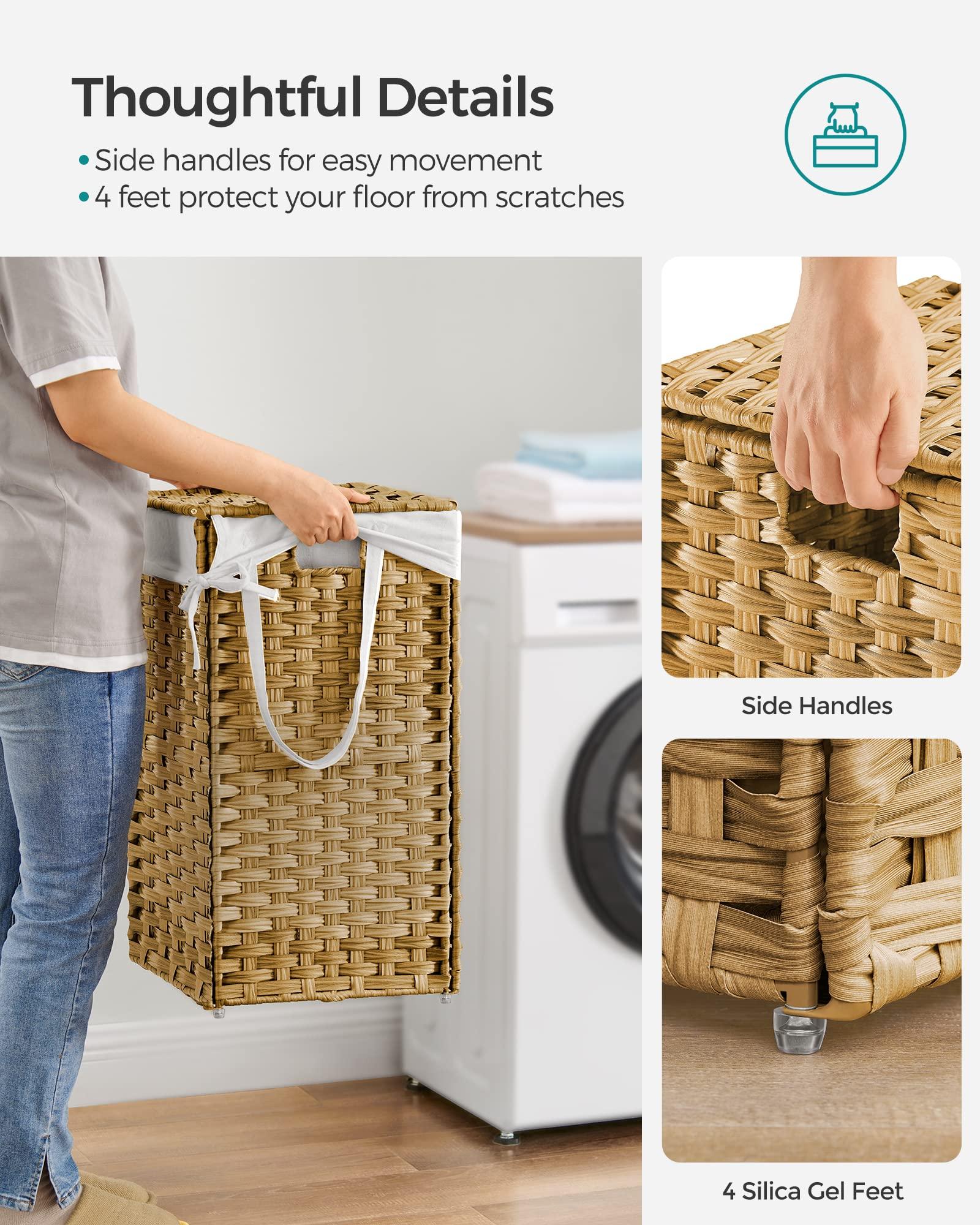 SONGMICS Laundry Hamper with Lid, 17.2 Gallon (65 L) Synthetic Rattan Clothes Laundry Basket with Lid and Handles, Foldable, Removable Liner, Goose Yellow ULCB165N01 - Image 5