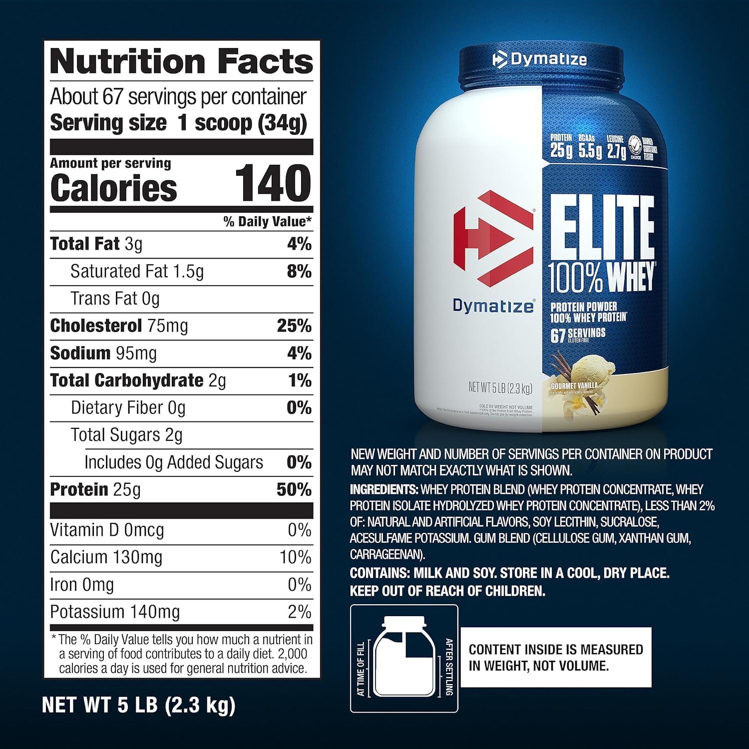 Dymatize Elite 100% Whey Protein Powder, Vanilla, 25g of Protein, 67 Servings, 5.5g BCAAs, Less Than 140 Cal., Gluten Free, 2g Carb, 2g Sugar, 3g Fat - Image 6