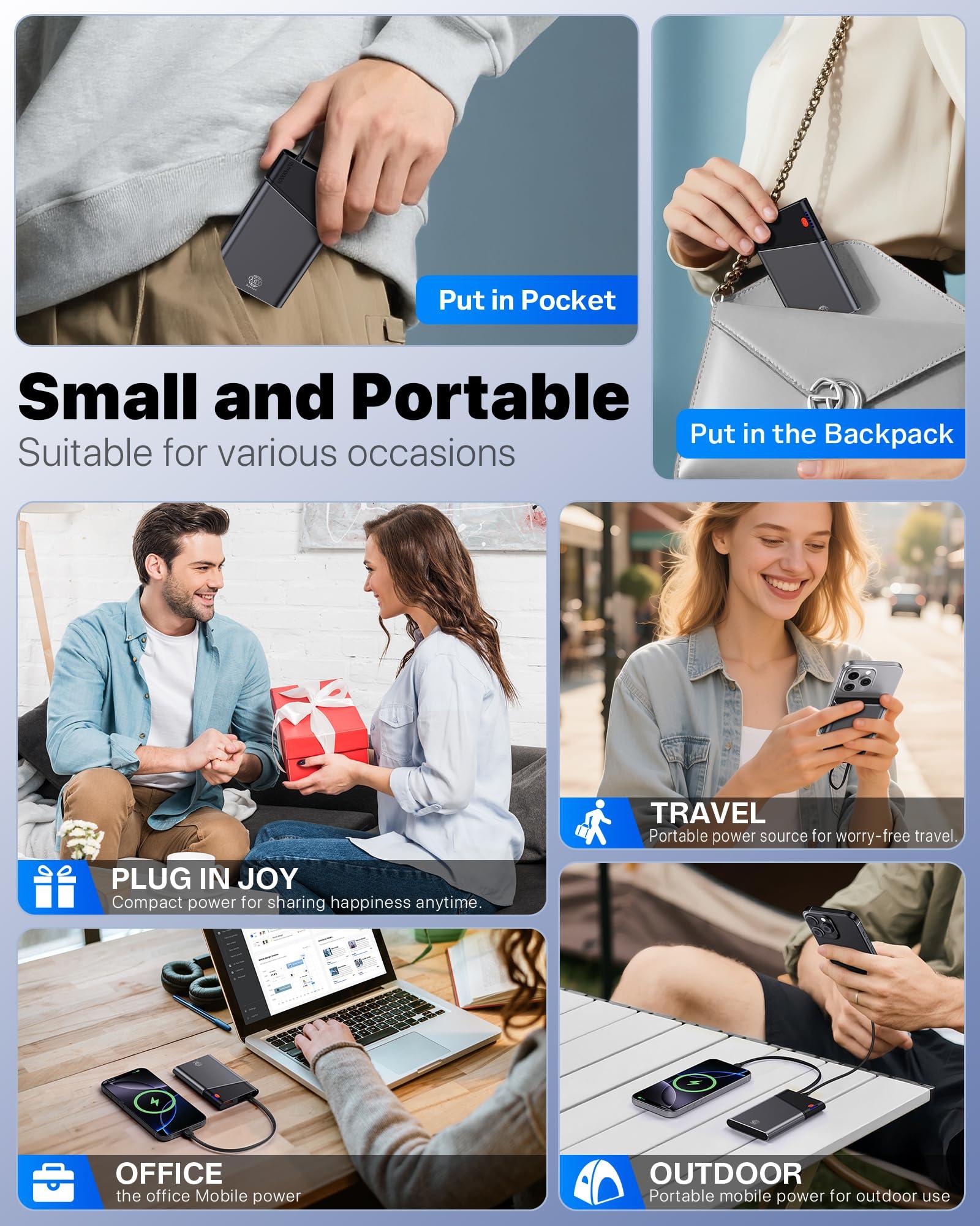 Aaoyun Portable Charger Power Bank, 10000mAh 22.5W PD Super Fast Charging Powerbank with Built-in USB C in&Out Cable, Slim External Phone Battery Pack for iPhone 16/15/14 iPad Samsung S24 Android etc - Image 7