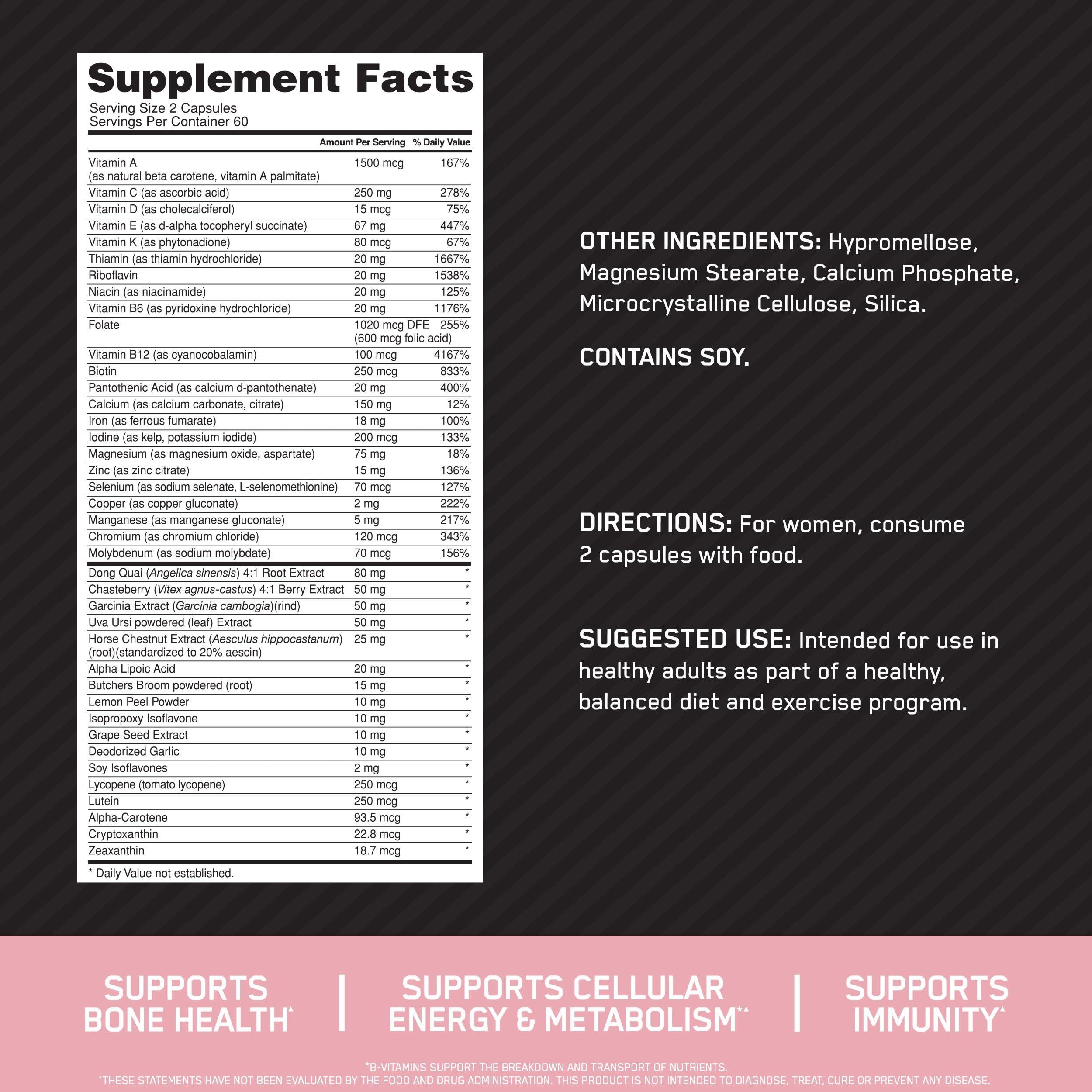 Optimum Nutrition Opti-Women, Vitamin C, Zinc and Vitamin D for Immune Support Womens Daily Multivitamin Supplement with Iron, Capsules, 120 Count - Image 2