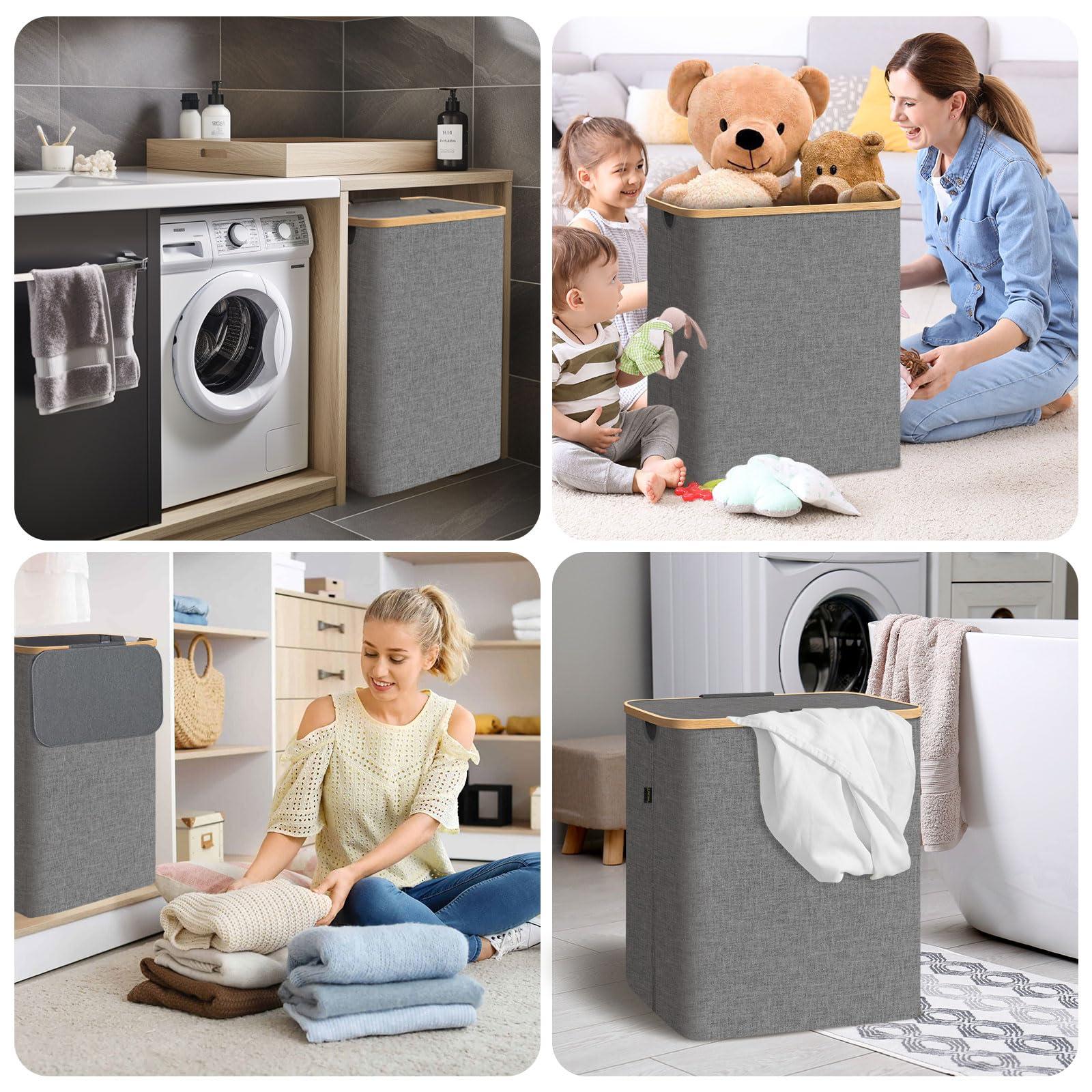 BALEINE Laundry Hamper with Lid, Tall Laundry Baskets with Bamboo Pull Handles, Large Laundry Bin with Internal Support (26 Gal/100L, Grey) - Image 8