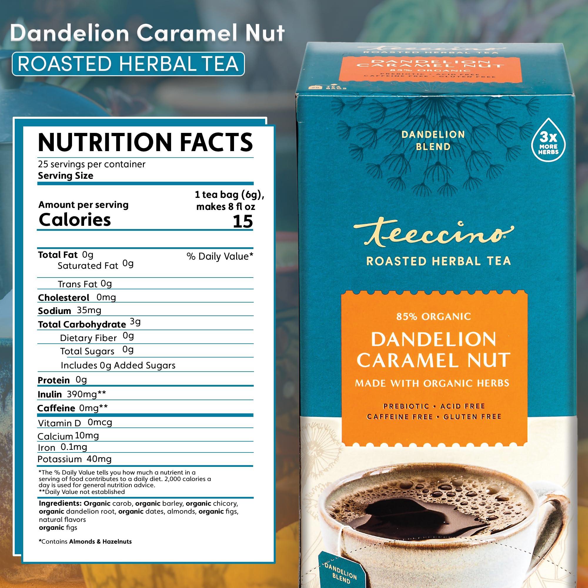Teeccino Dandelion Caramel Nut Tea, 25 Tea Bags - Caffeine Free, Roasted Herbal Tea with Prebiotics, 3x More Herbs than Regular Tea Bags, Gluten Free, Great Hot or Iced, Herbal Tea - Image 2