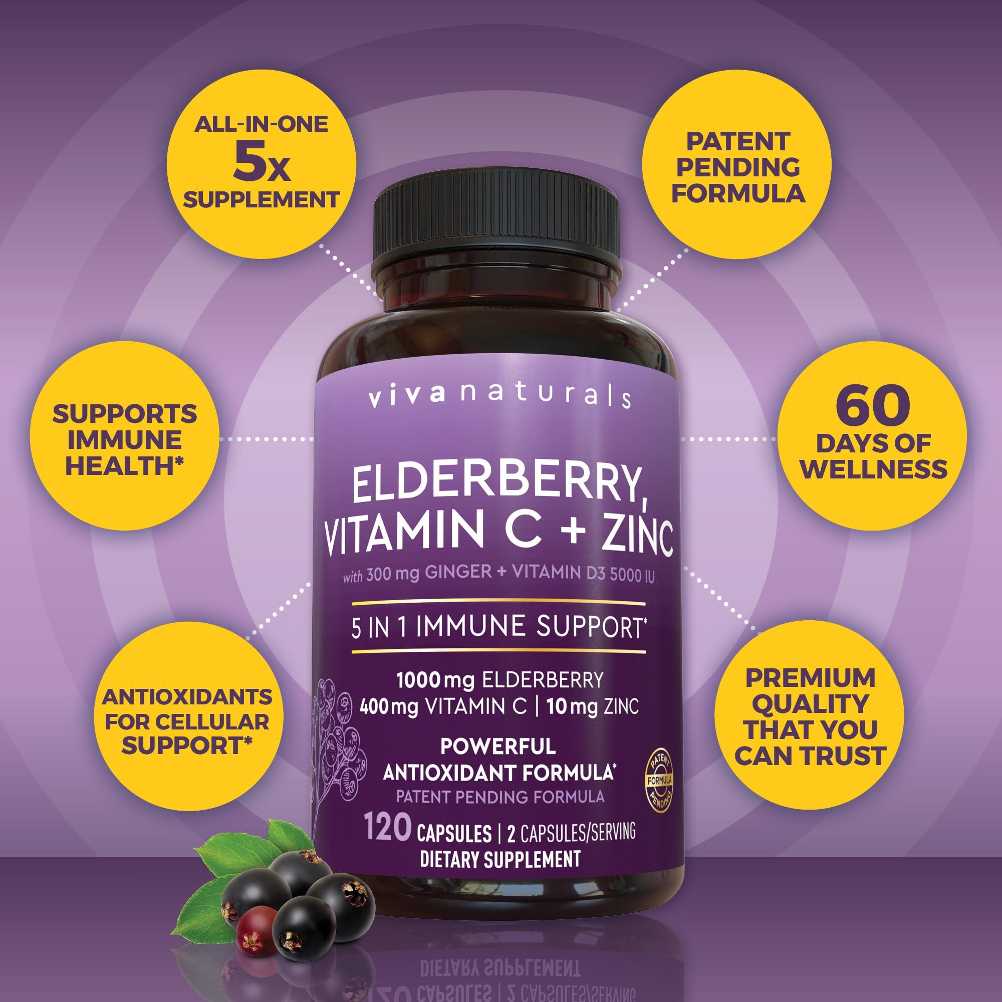 Viva Naturals Elderberry with Vitamin C and Zinc for Adults - 5 in 1 Sambucus Black Elderberry Capsules with Vitamin D3 5000 IU Immunity Supplement, Sambucus Elderberry Immune Support Supplement - Image 5