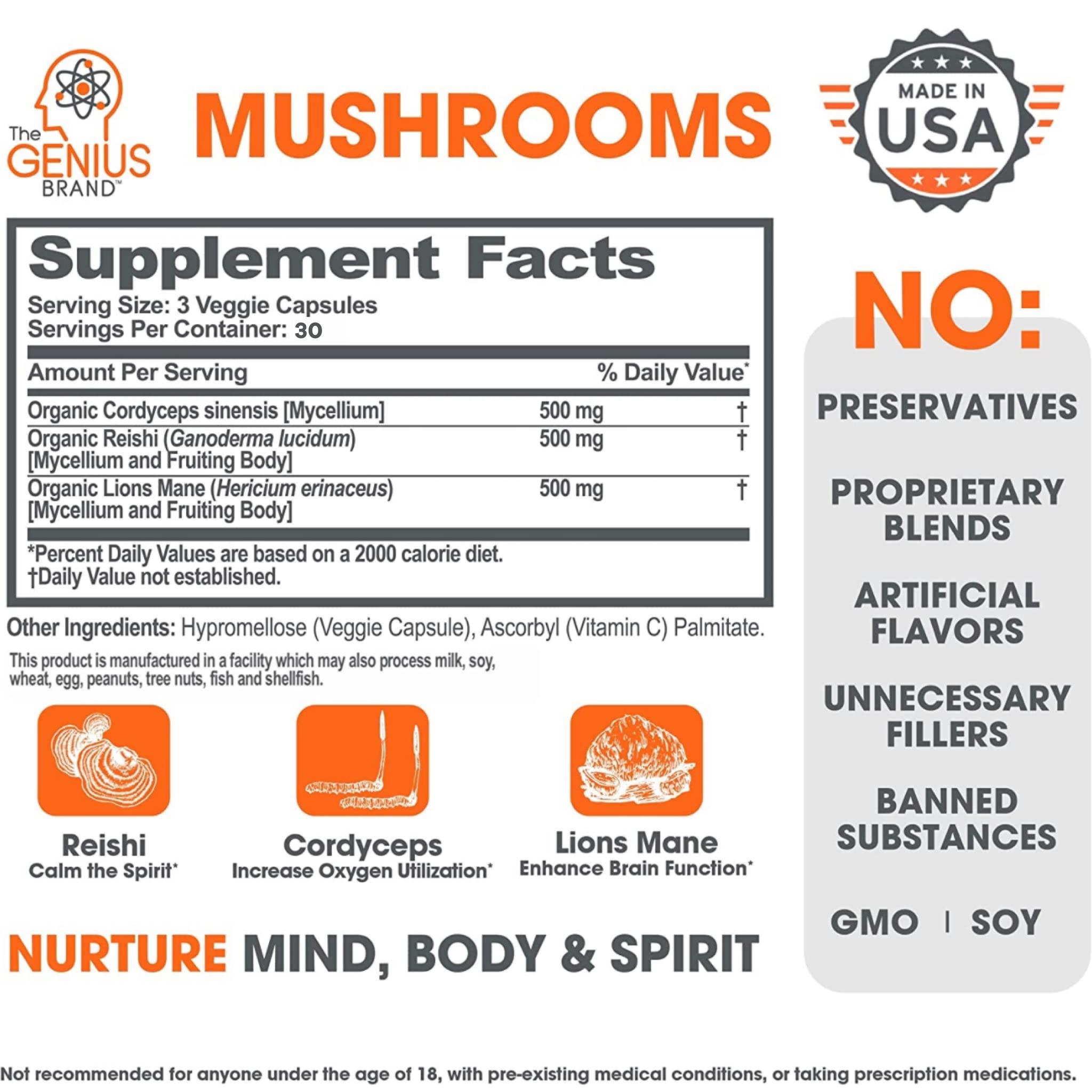 Genius Mushroom Supplement - Full-Spectrum Lion’s Mane, Cordyceps, Reishi -Daily Brain Nootropic for Energy, Focus, Memory & Overall Wellness - 90 Capsules – Organic for Mental Clarity & Performance - Image 2