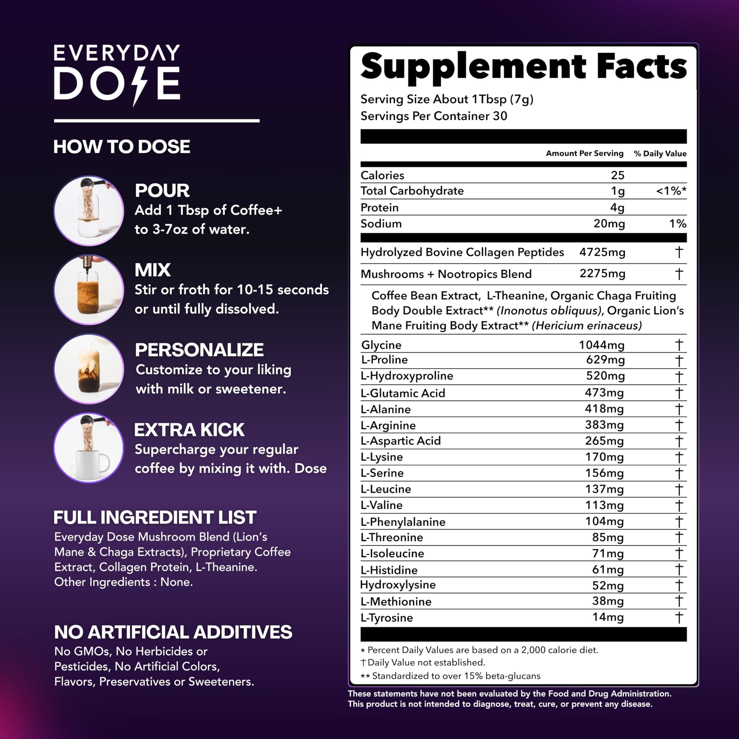Everyday Dose Premium Adaptogenic Mushroom Coffee with Grass-Fed Collagen, Chaga, Lions Mane & L-Theanine for Better Focus, Energy, Digestion, Skin, and Immunity 30 Servings - Image 2