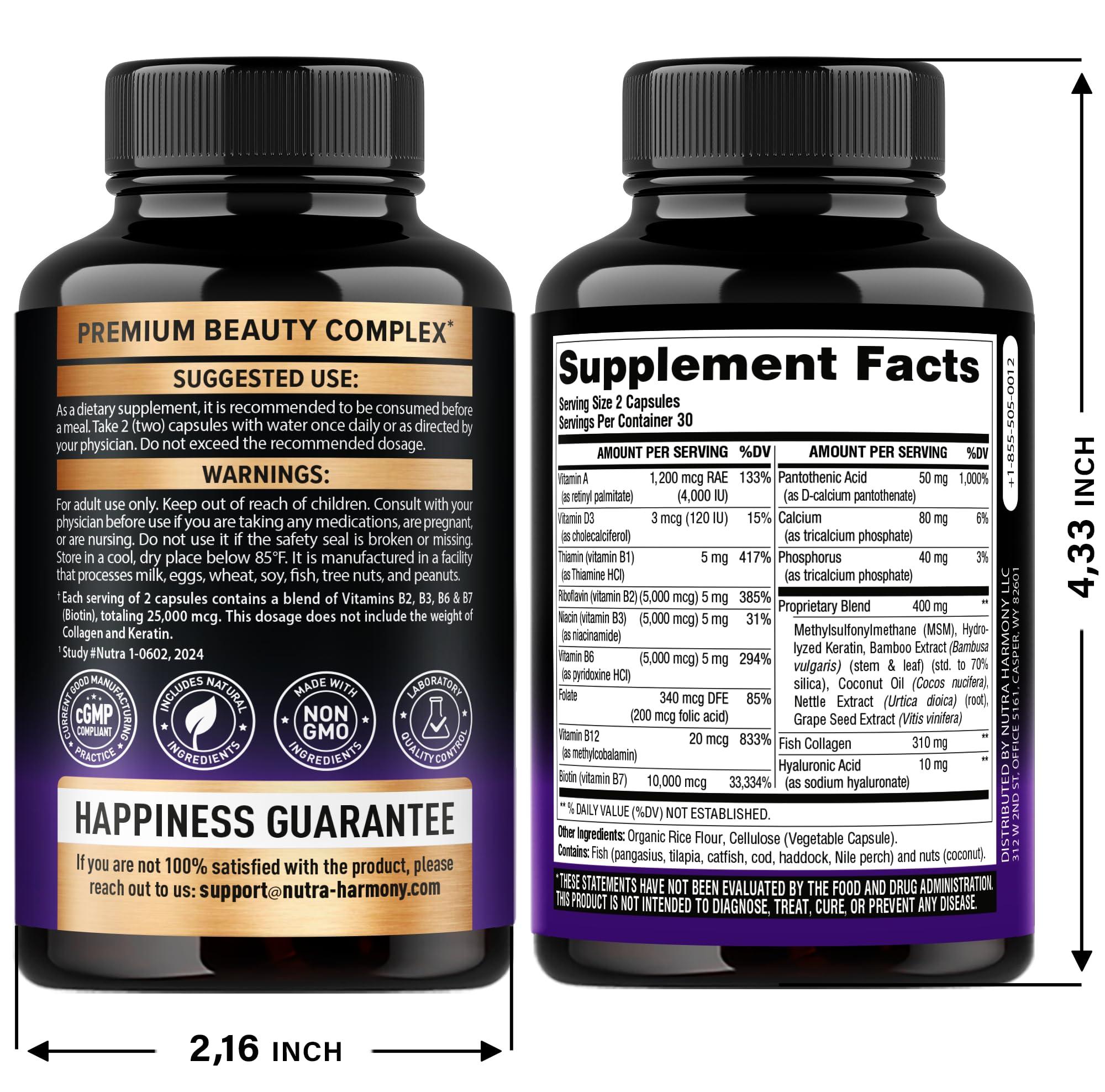Biotin | Collagen | Keratin - Clinically Tested Supplement - Hair Growth Support, Skin & Nails - 25000 mcg Vitamins B2, B3, B6 & B7 + B1 & Hyaluronic Acid - Made in USA - Women & Men | 60 Capsules - Image 2