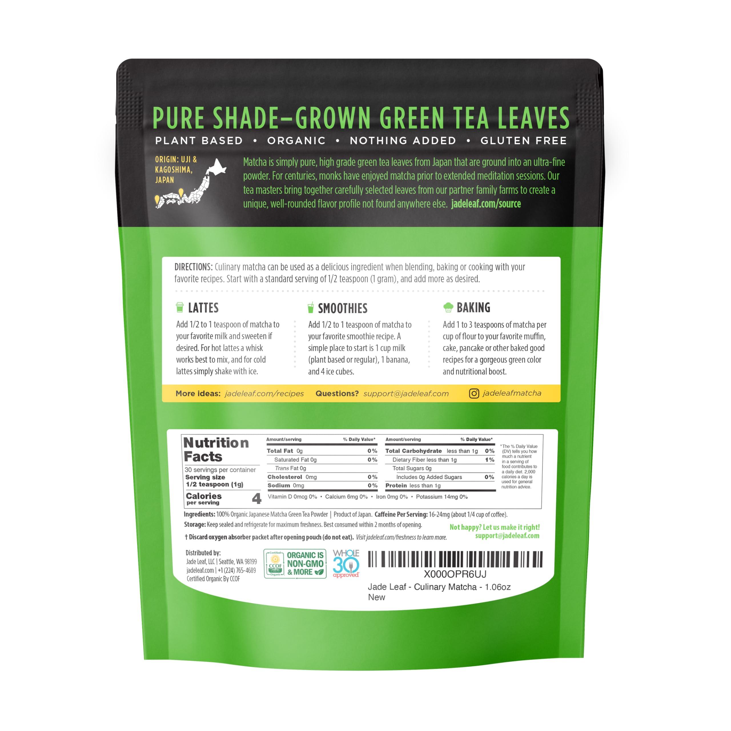 Jade Leaf Matcha Organic Green Tea Powder - Culinary Grade Premium Second Harvest - Authentic Japanese Origin (1.06 Ounce Resealable Pouch) - Image 3