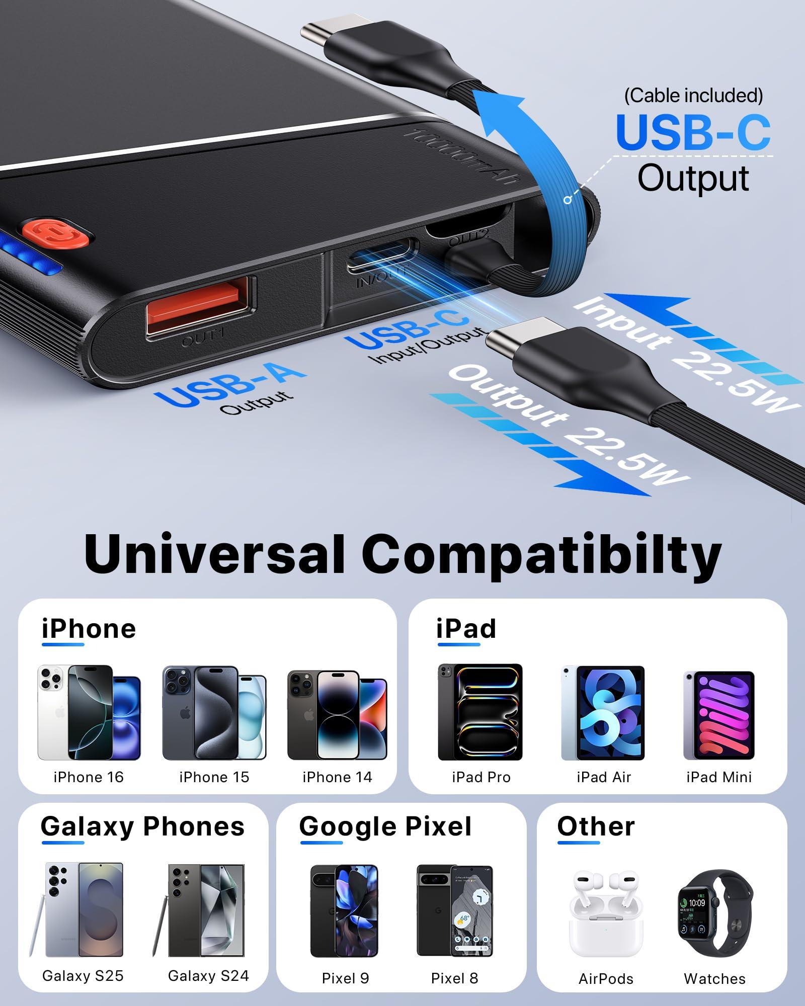Aaoyun Portable Charger Power Bank, 10000mAh 22.5W PD Super Fast Charging Powerbank with Built-in USB C in&Out Cable, Slim External Phone Battery Pack for iPhone 16/15/14 iPad Samsung S24 Android etc - Image 6