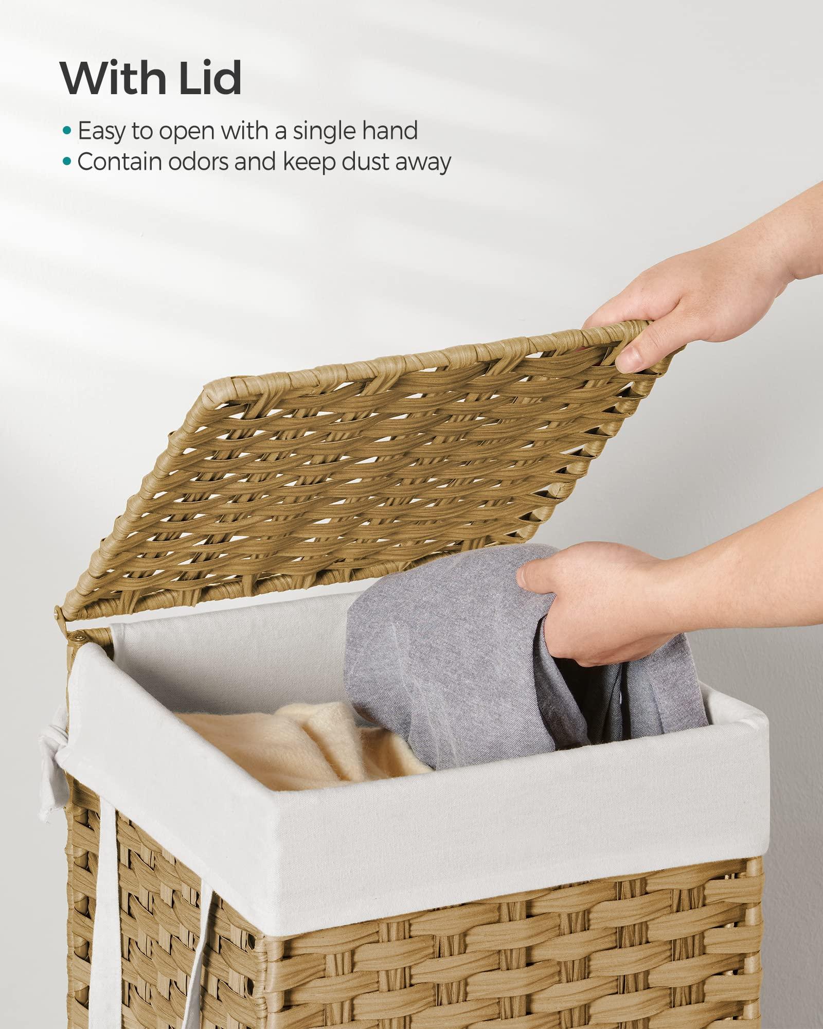 SONGMICS Laundry Hamper with Lid, 17.2 Gallon (65 L) Synthetic Rattan Clothes Laundry Basket with Lid and Handles, Foldable, Removable Liner, Goose Yellow ULCB165N01 - Image 4